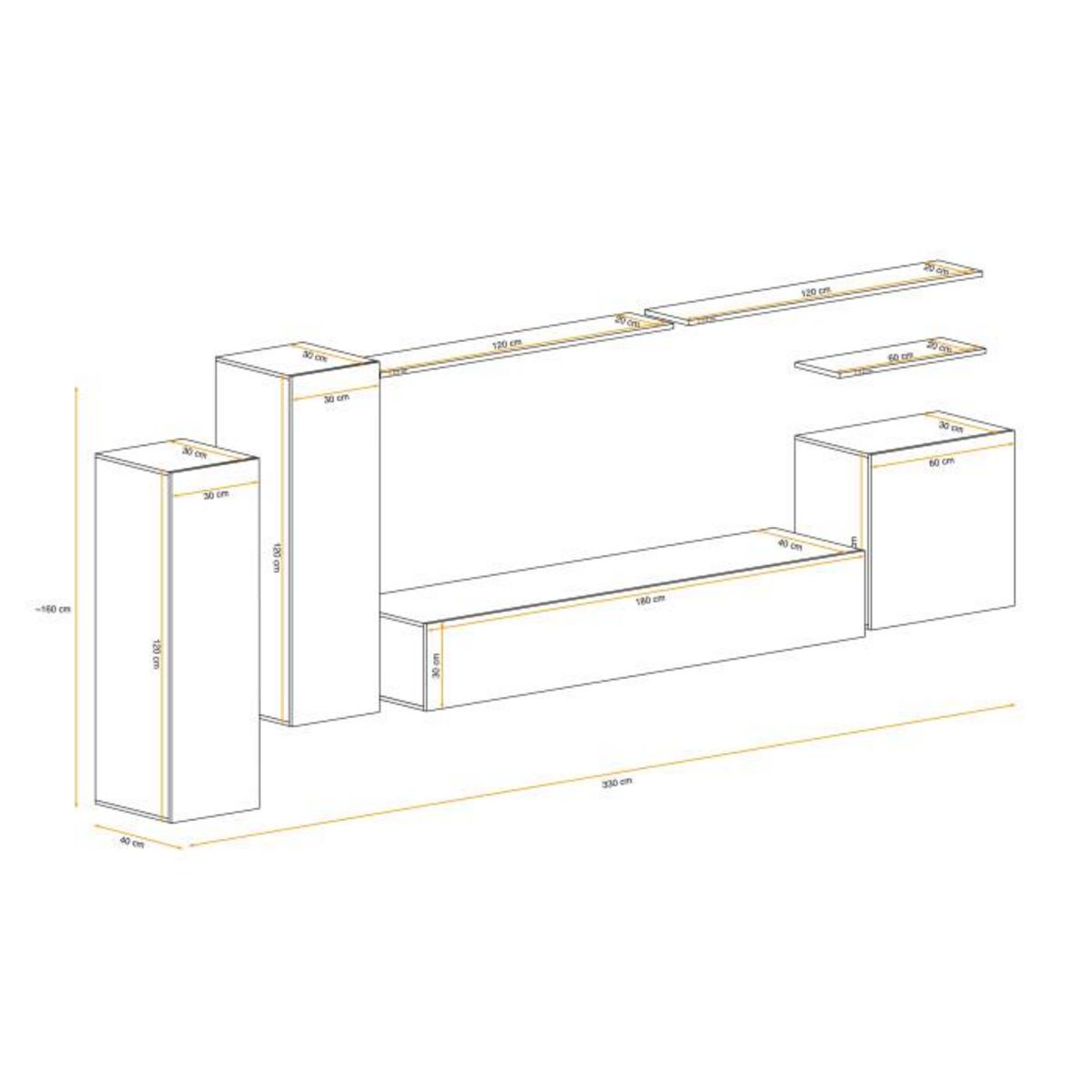 Paris Prix Meuble TV Mural Design  Switch I  330cm Naturel & Gris