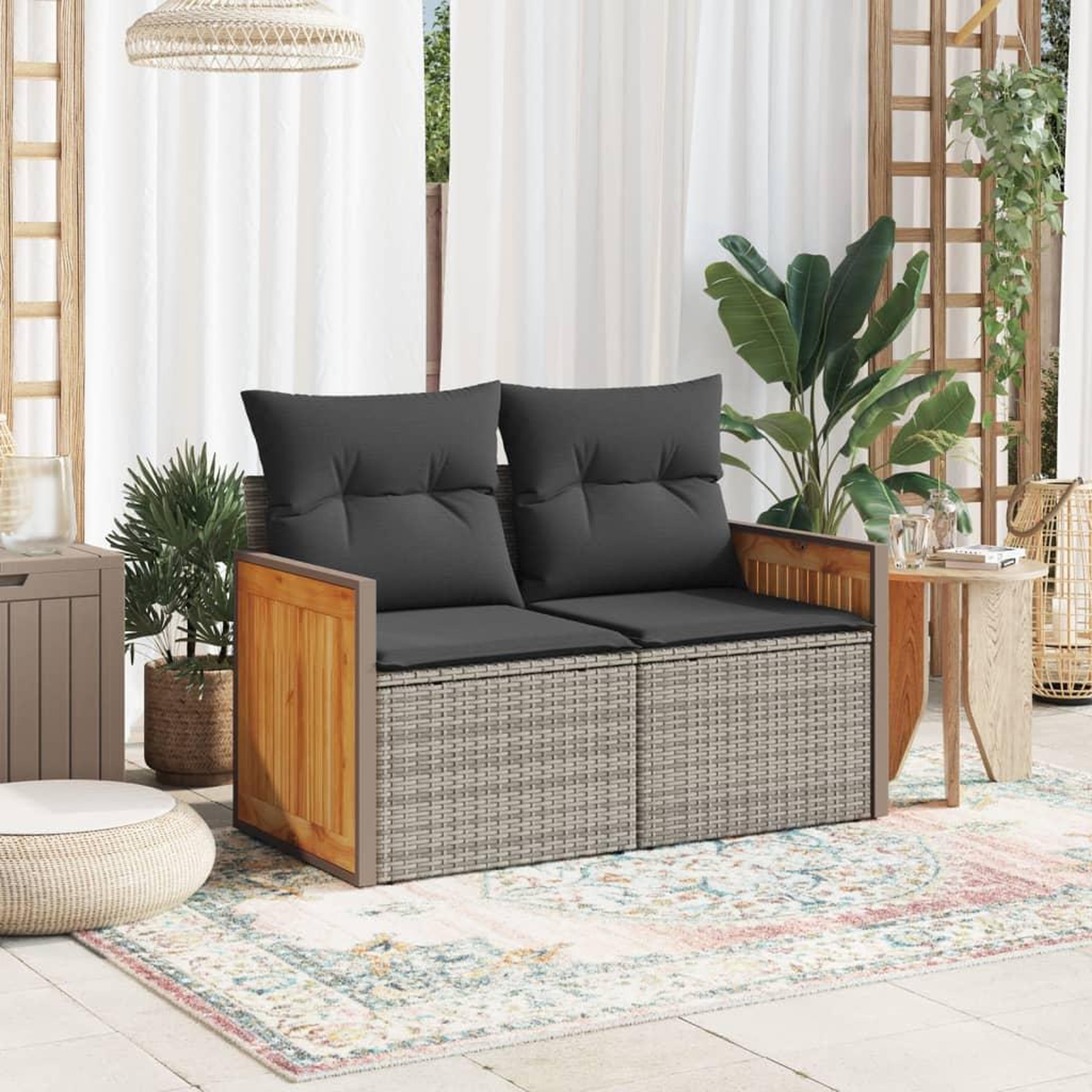 Voir la diapositive 3 : VIDAXL Canape de jardin 2 places avec coussins gris resine tressee