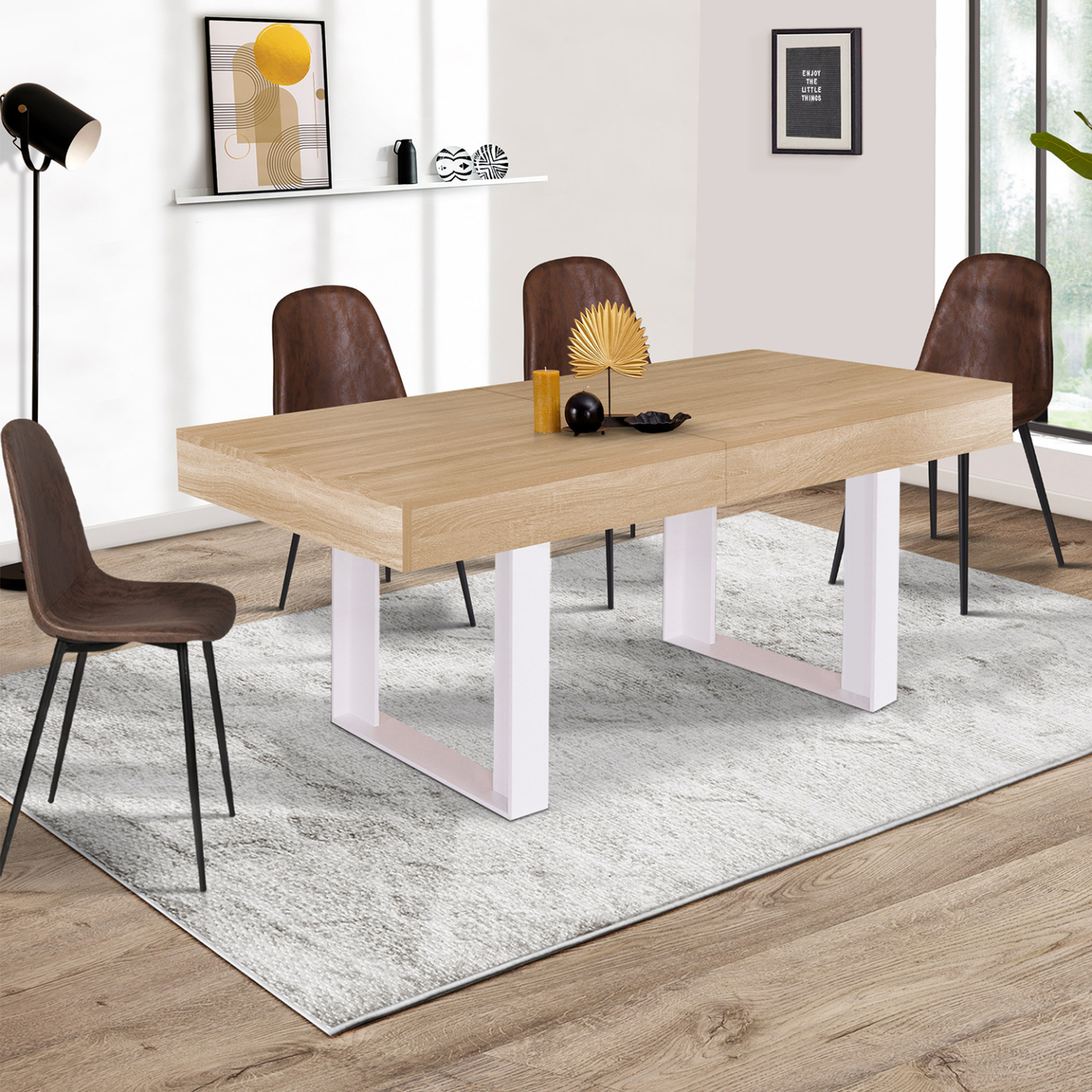 Voir la diapositive 4 : ID MARKET Table à manger extensible rectangle phoenix 4-8 personnes bois et blanc 160-200 cm