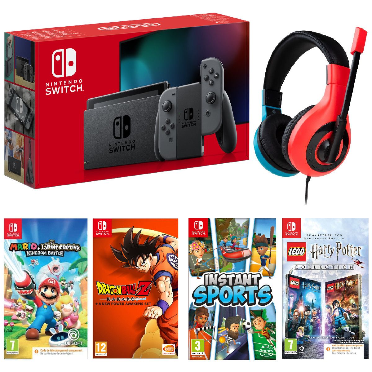 NINTENDO Console Nintendo Switch Joy-Con Gris + Mario The Lapin Crétins Kingdom Battle + Dragon Ball Z Kakarot + Instant Sports + LEGO Harry Potter Collection - Années 1 à 7 + Casque Gamer Filaire V1 Rouge et Bleu