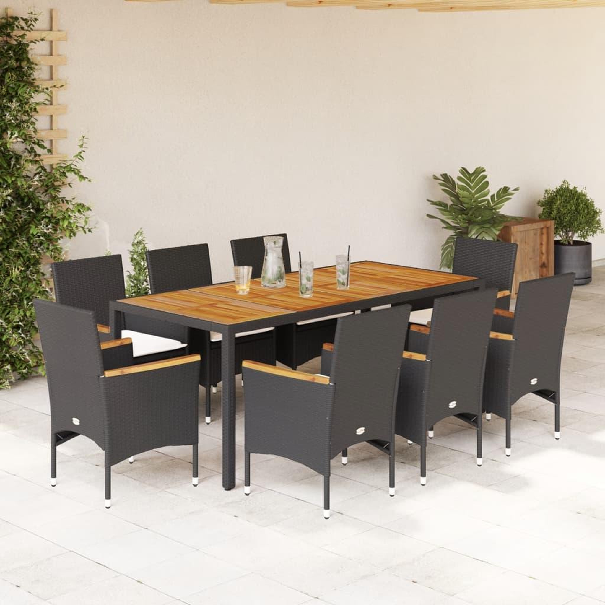 VIDAXL Ensemble a manger de jardin et coussins 9 pcs noir rotin acacia