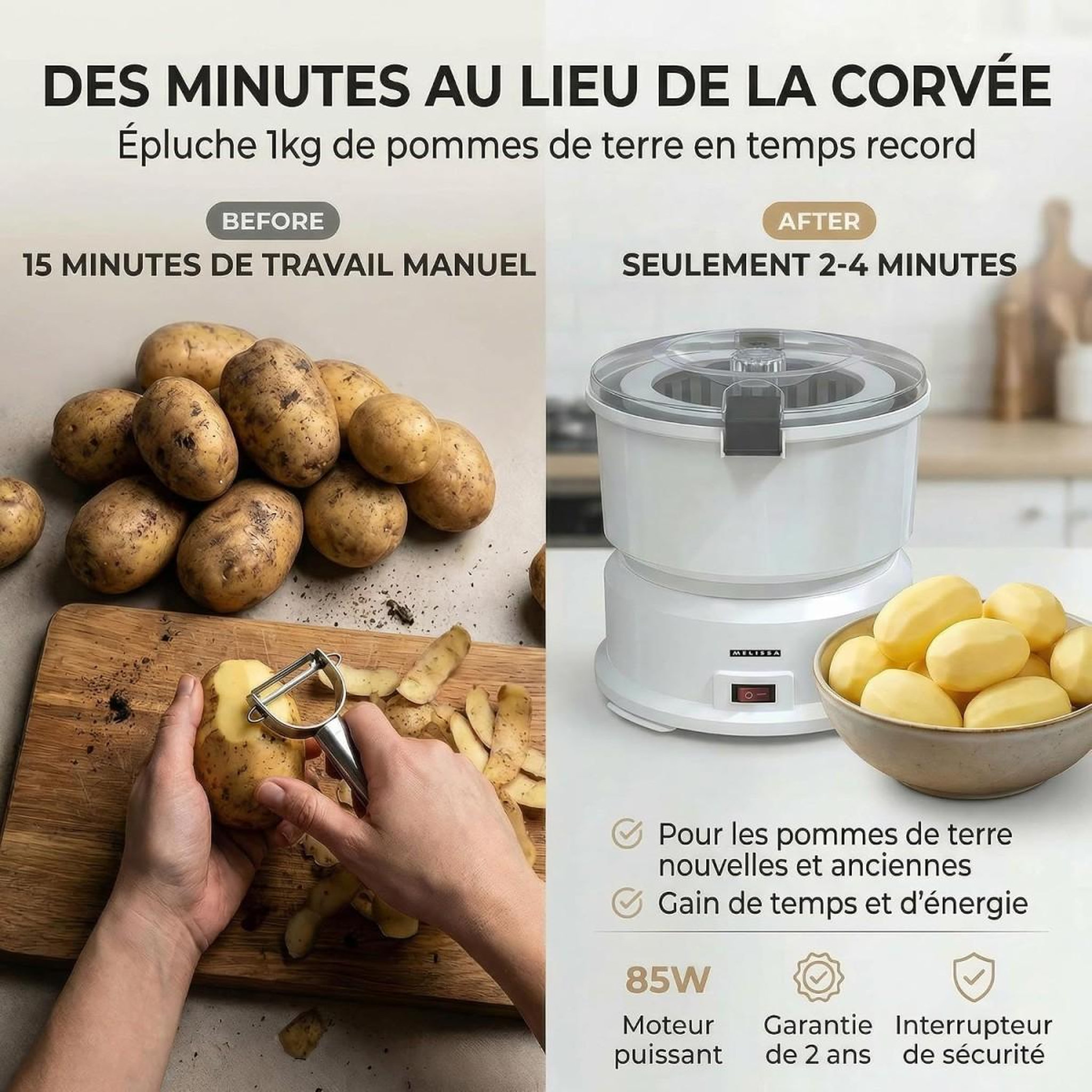 Voir la diapositive 2 : MELISSA Epluche Pommes de Terre Électrique 1 kg 85W avec Essoreuse à Salade - Robot Eplucheur automatique Melissa