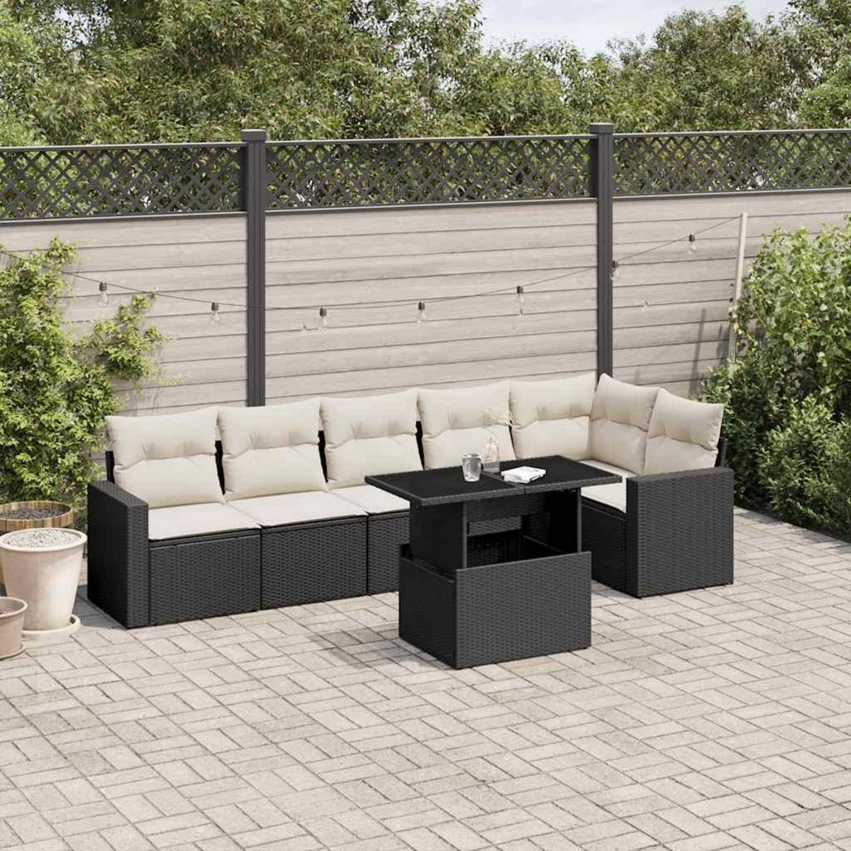 VIDAXL Salon de jardin 7 pcs avec coussins noir resine tressee