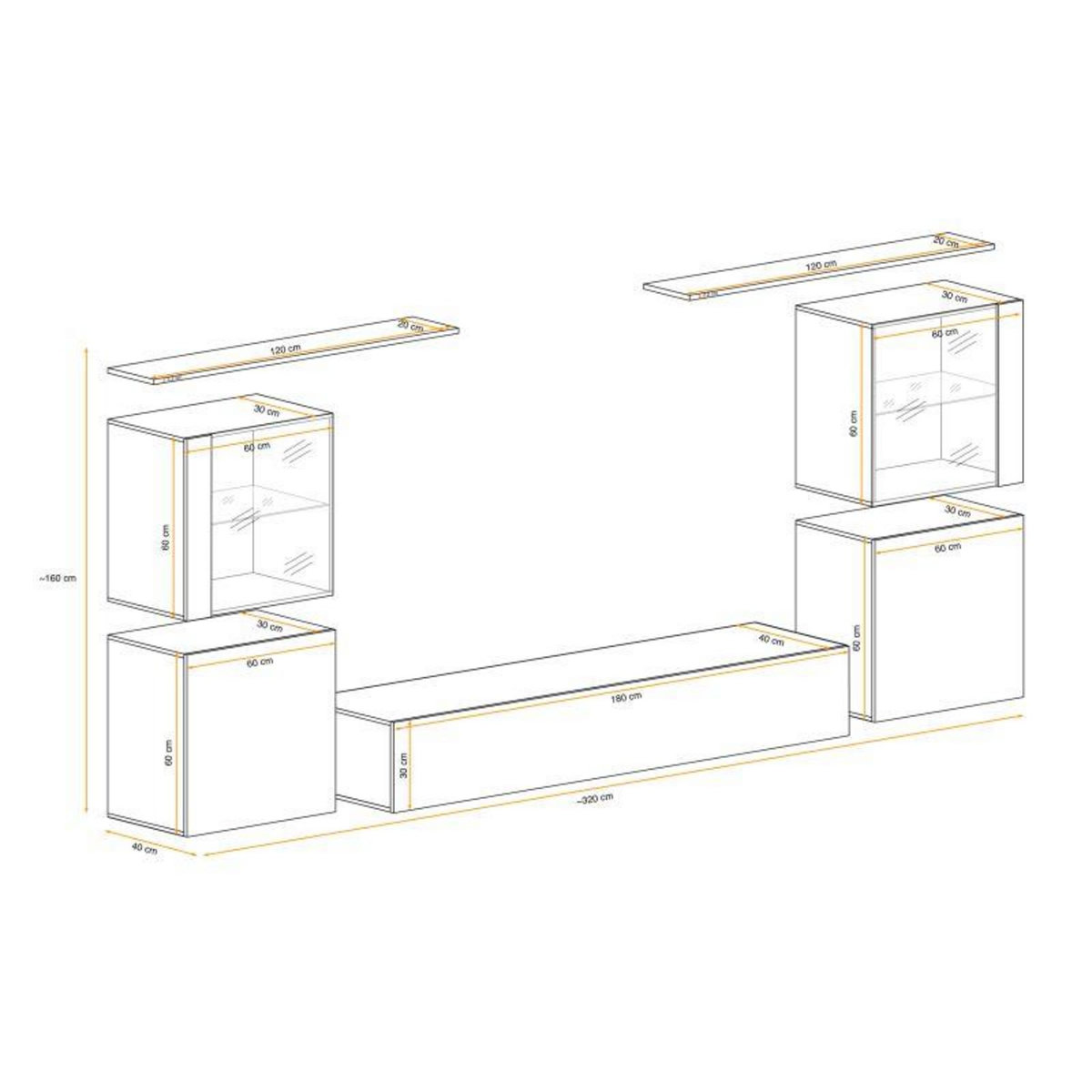 Paris Prix Meuble TV Mural Design  Switch XIV  320cm Blanc & Gris