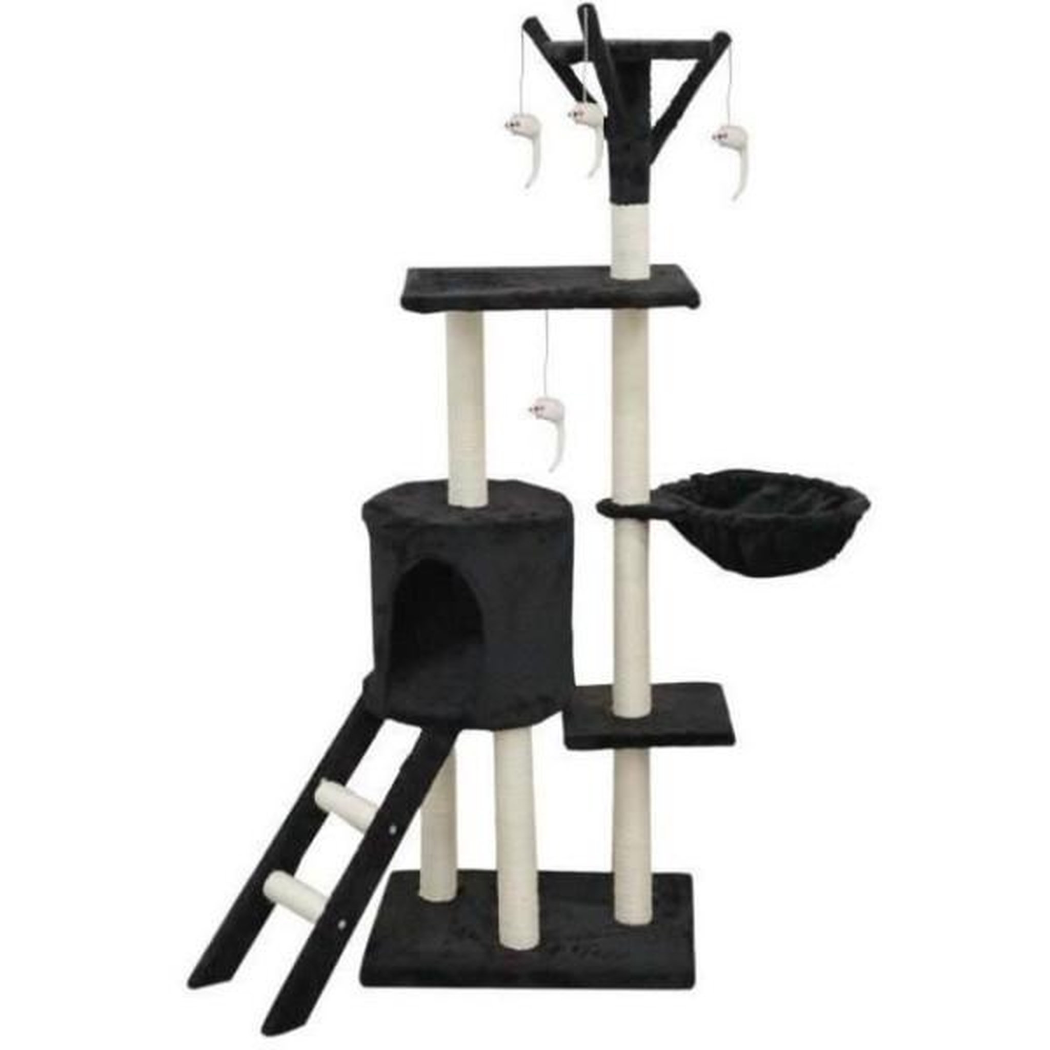 MARKET24 JIPSY Arbre a chat noir 79 x 34 x 138 cm - 3 plateformes, 1 perchoir, 1 niche, 1 escalier, poteaux a griffer