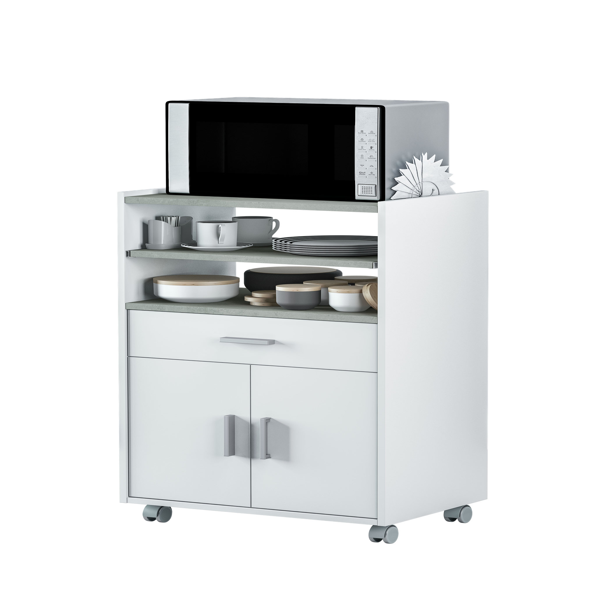 Voir la diapositive 1 : Desserte micro ondes 2 portes 1 tiroir L 59 cm x H 92cm CALI