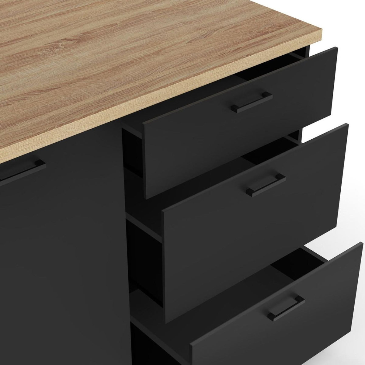 ID MARKET Ilot central TIBO 110 cm casserolier 3 tiroirs bois noir avec plan de travail façon hêtre