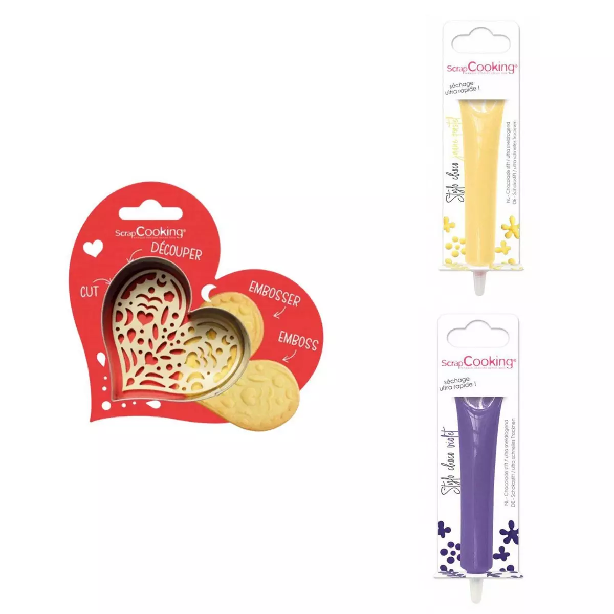 SCRAPCOOKING Kit pour biscuit en relief Coeur + 2 Stylos au chocolat jaune pastel et violet