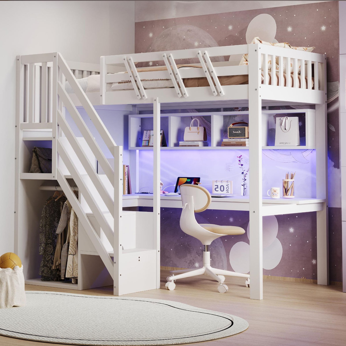 MERAX Lit mezzanine 90x200 cm coloris blanc led bois massif