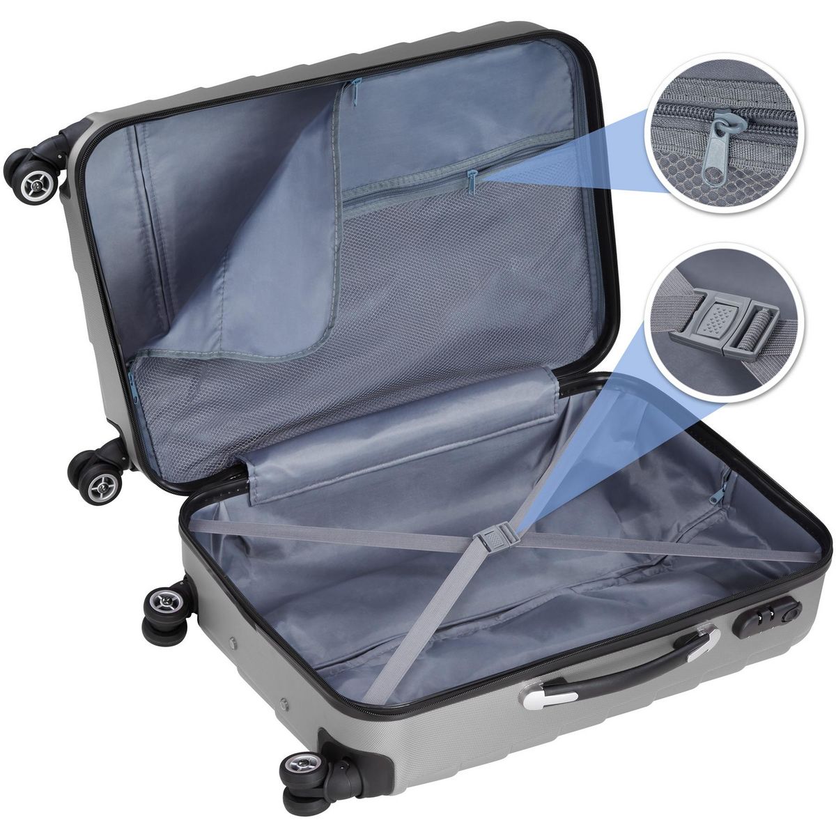 tectake Set de valises rigides 3 parties, en plastique ABS robuste argent