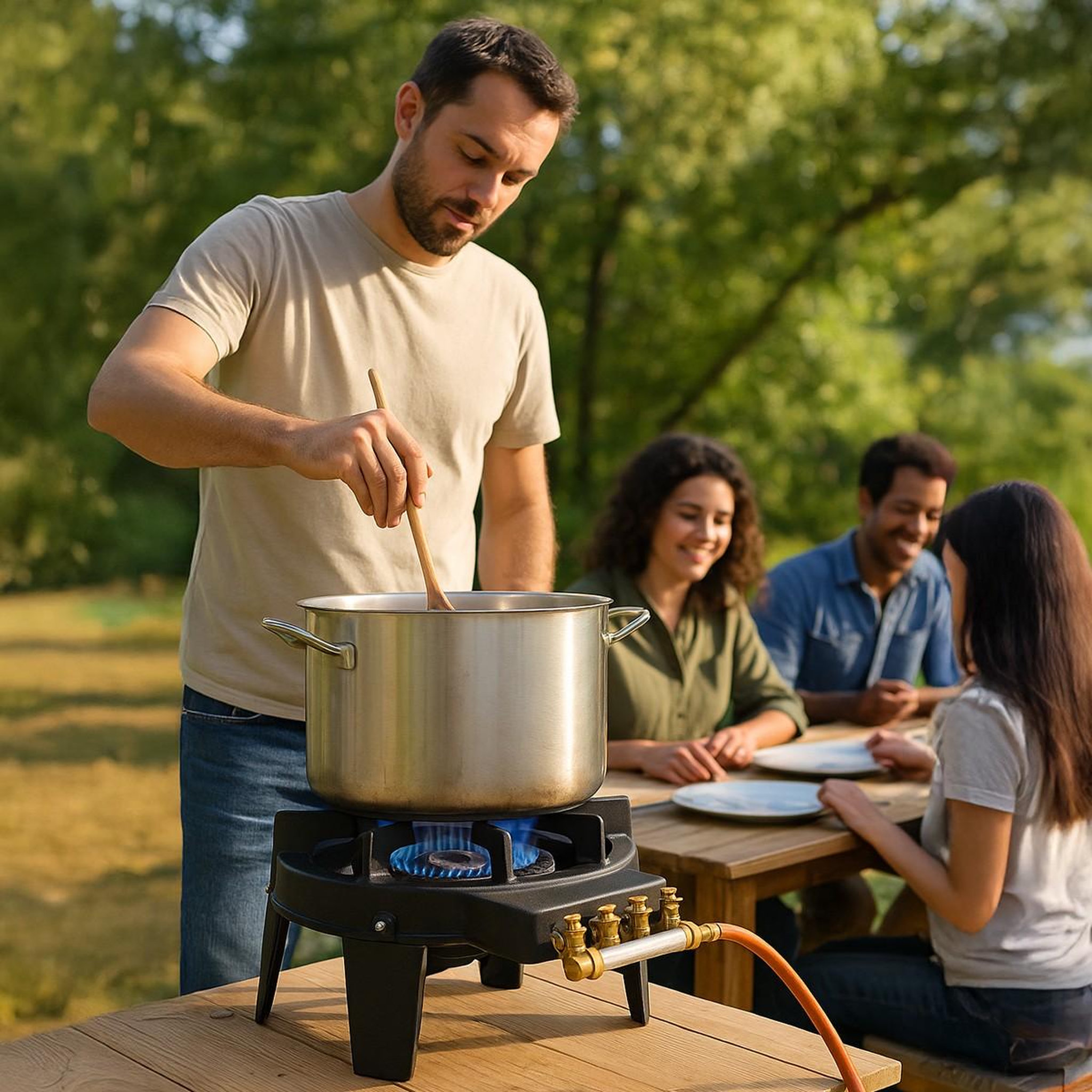 Voir la diapositive 2 : Proweltek Rechaud gaz 4 pieds Fonte véritable 9,8 KW 2 Bruleurs Plats grands volumes