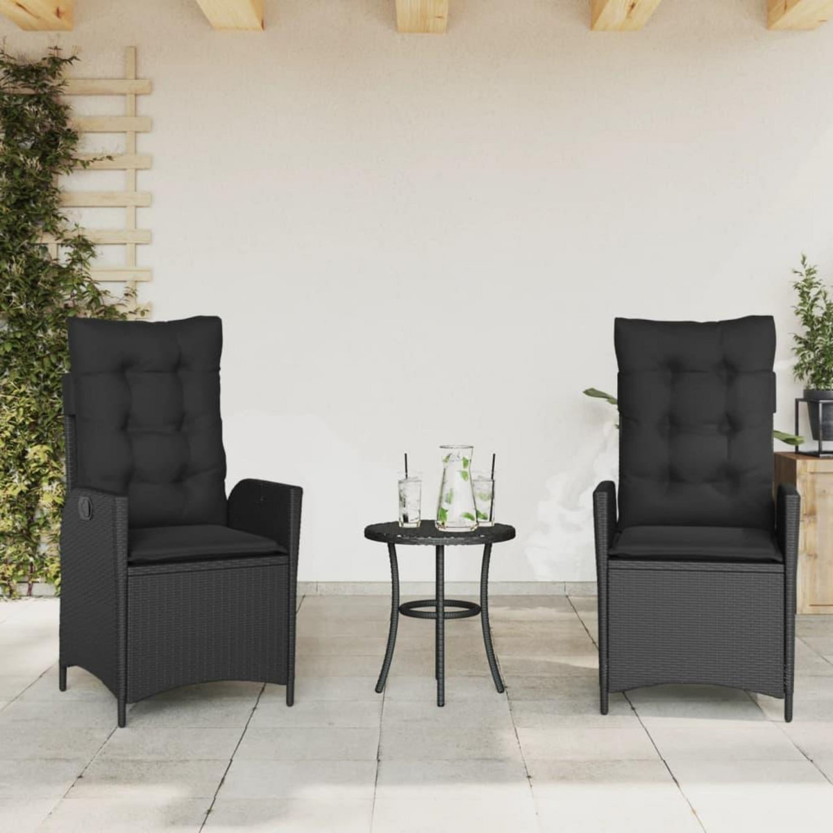 VIDAXL Chaises inclinables de jardin lot de 2 et coussins noir rotin