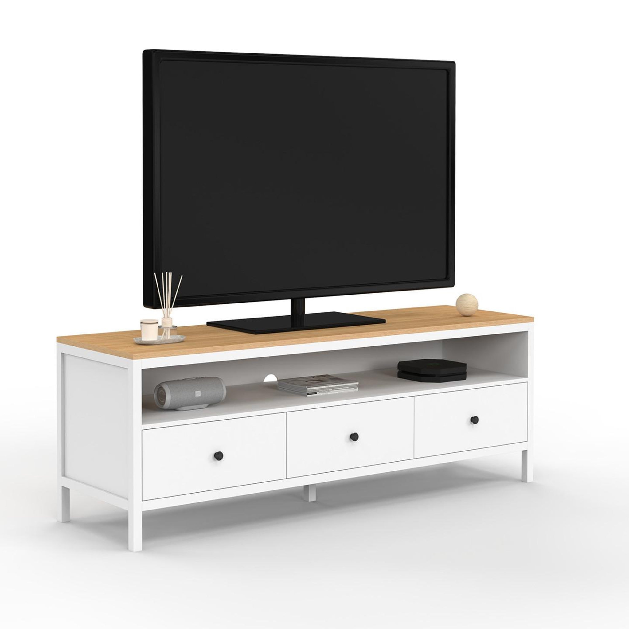 ID MARKET Meuble tv 140 cm achille 3 tiroirs blanc et plateau bois