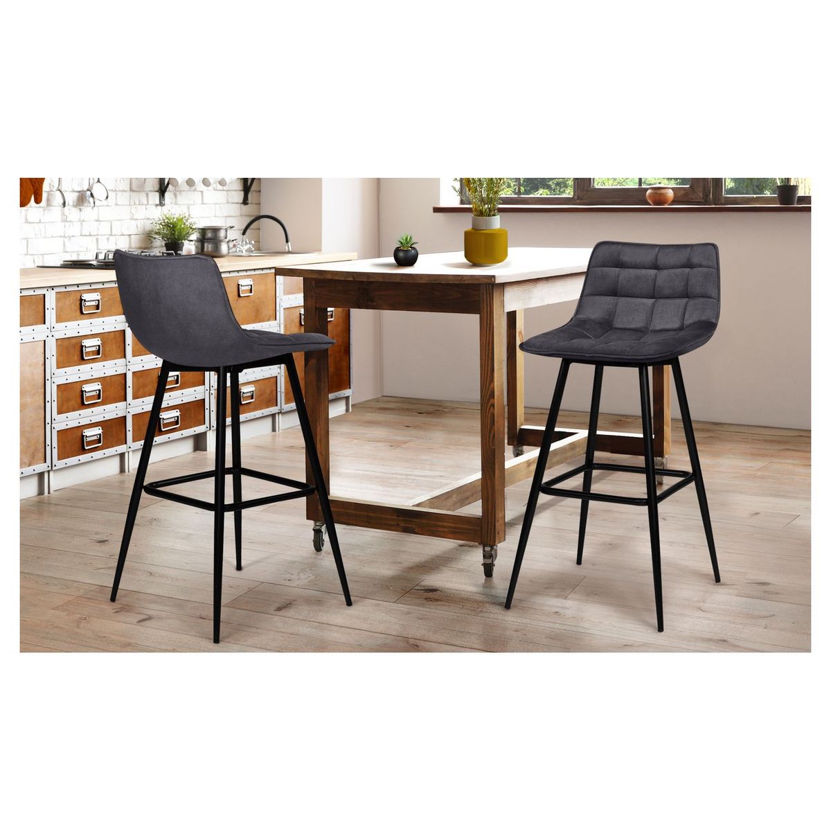 Lot de 2 tabourets chaises de bar assise velour pieds métal SIA
