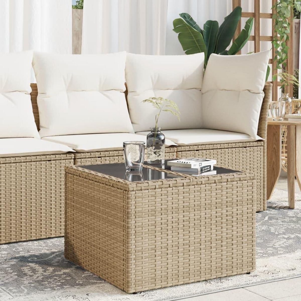 VIDAXL Table de jardin dessus en verre beige 55x55x37cm resine tressee