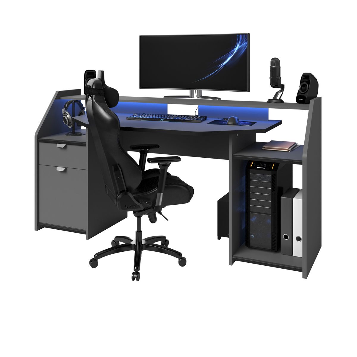 Bureau droit spécial gaming avec large plateau et leds L180cm GAMER