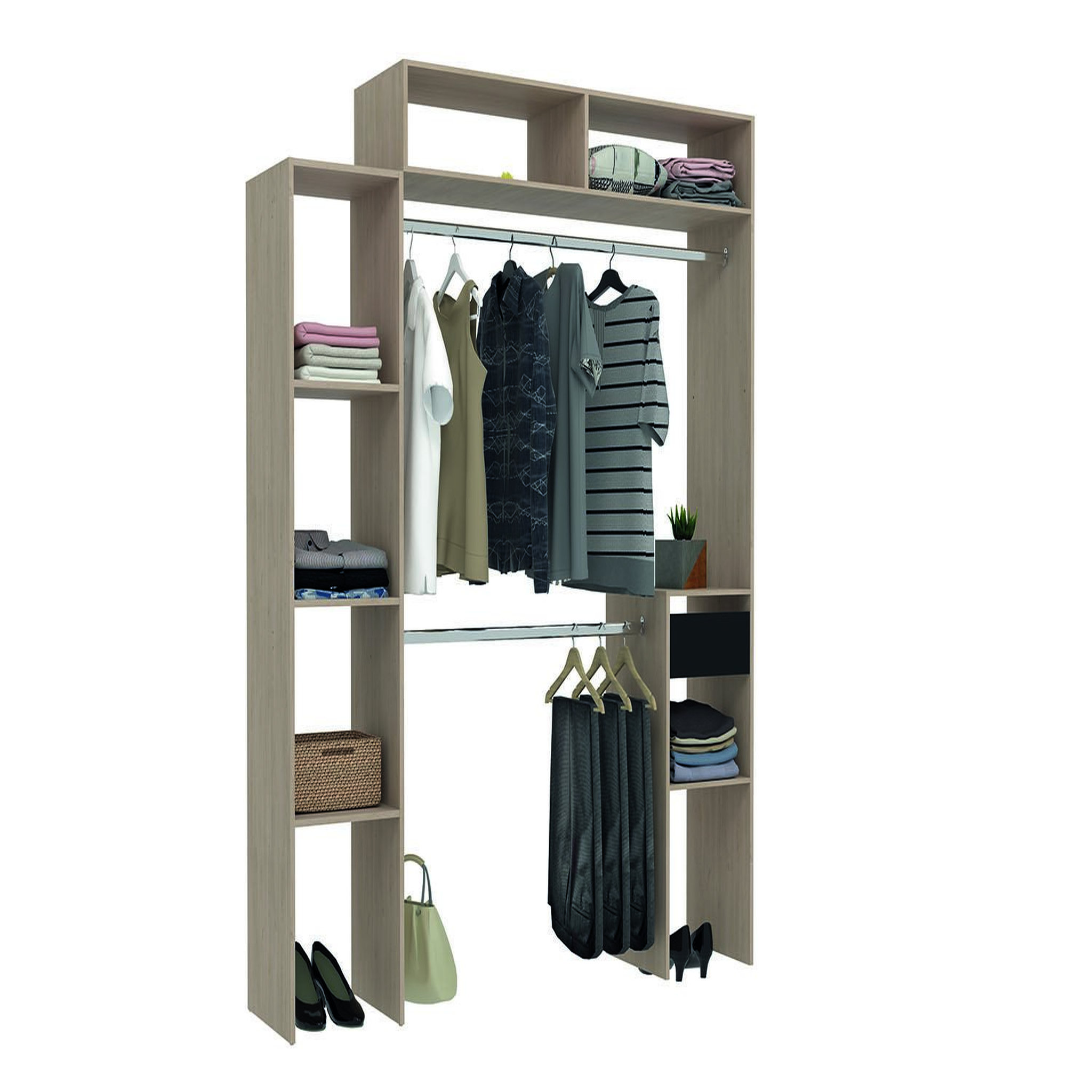 Voir la diapositive 2 : CONCEPT USINE Dressing bois extensible avec 2 penderies, 4 étagères et 1 tiroir ELYSEE