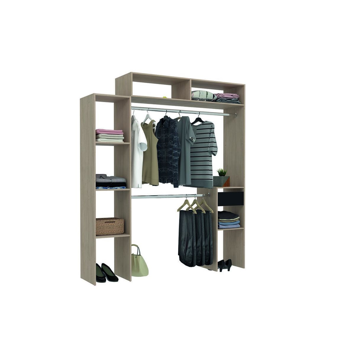 CONCEPT USINE Dressing bois extensible avec 2 penderies, 4 étagères et 1 tiroir ELYSEE