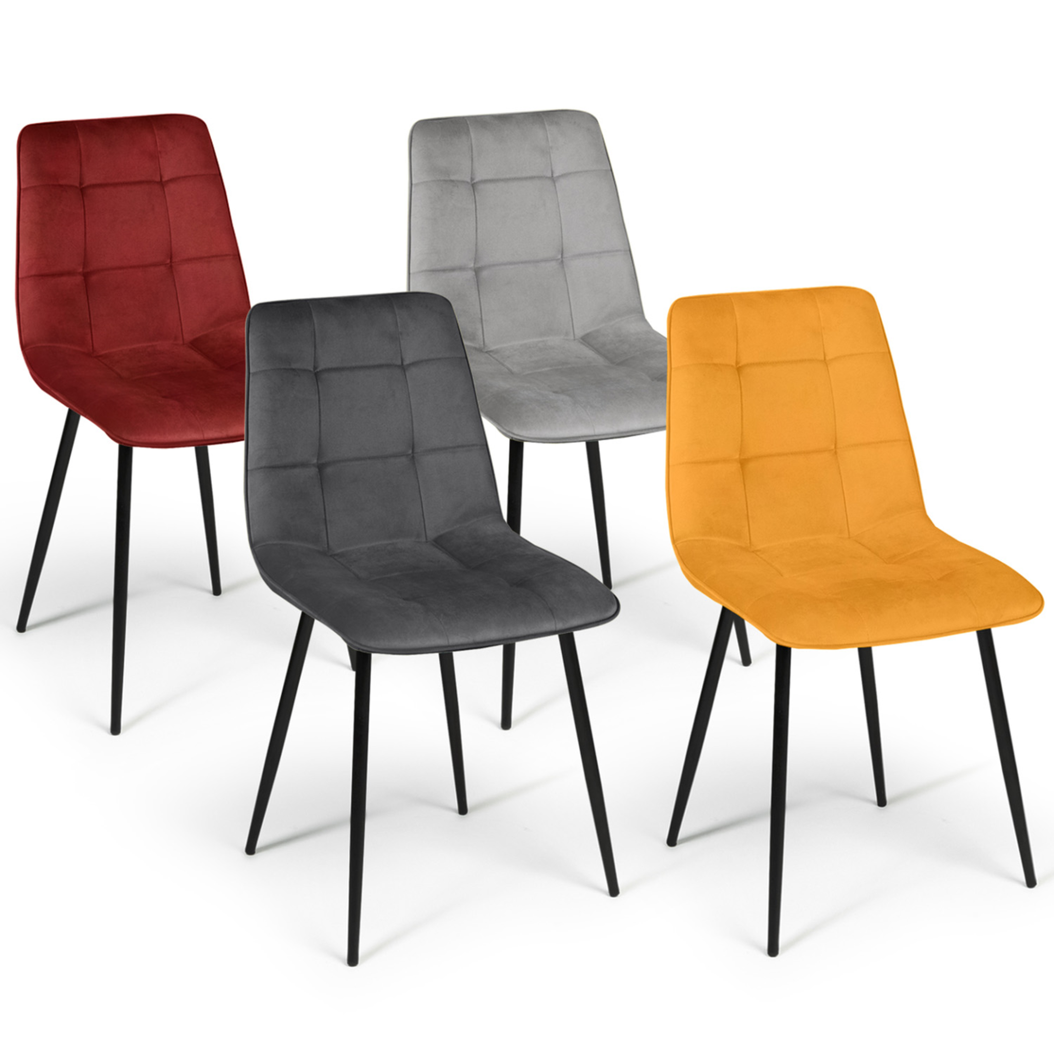 ID MARKET Lot de 4 chaises mila en velours mix color vintage bordeaux, gris foncé, gris clair, jaune ocre