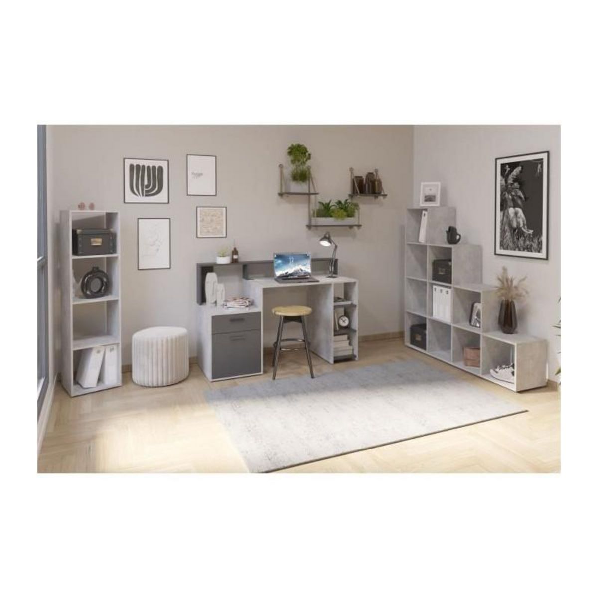 FMD Bureau avec réhausse et rangements BOLTON - Mélamine gris béton/antracite - L138,5 x H91,6 x P53,5 cm