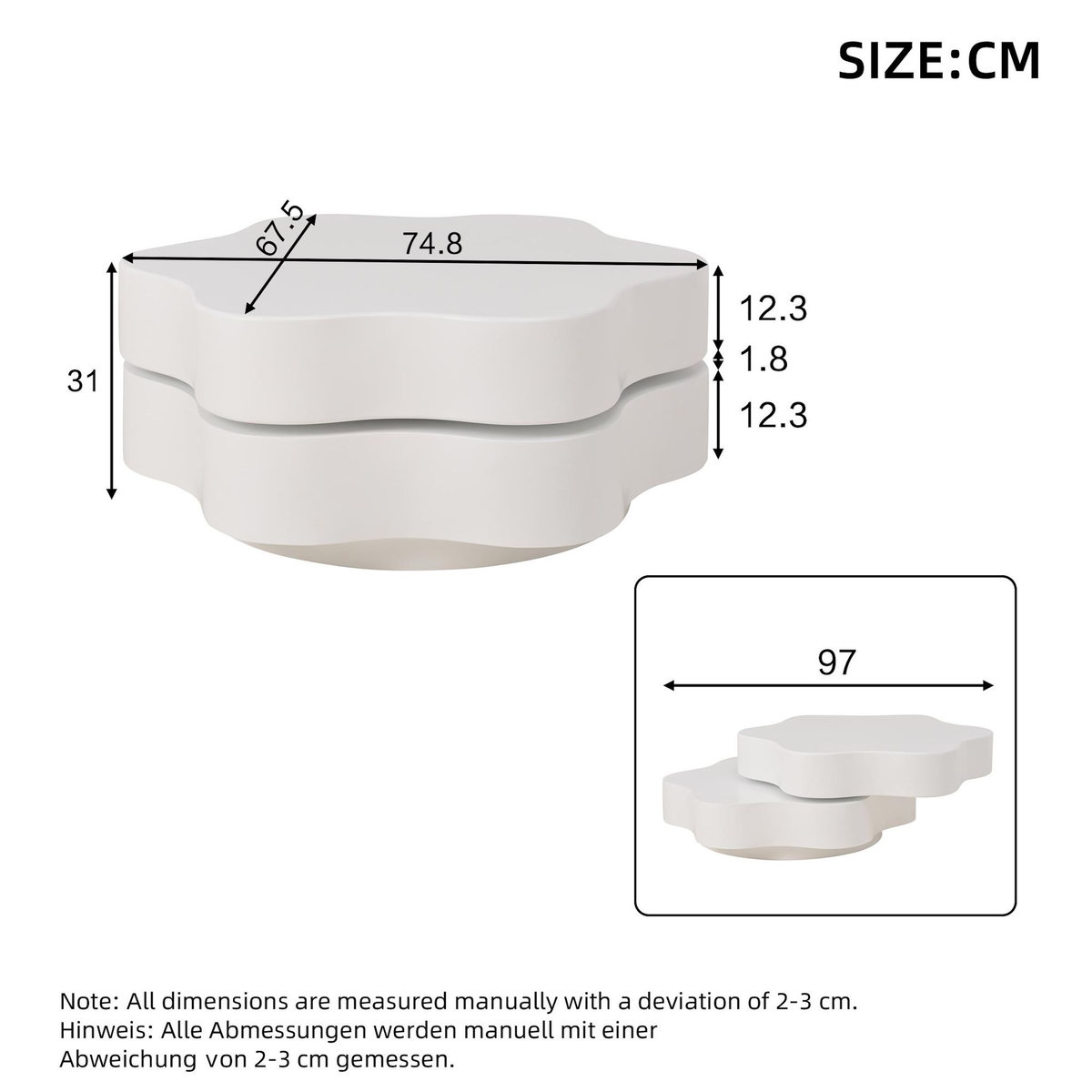 MERAX Table basse pivotante forme atypique blanc - 67,5x74,8 cm panneau de particules