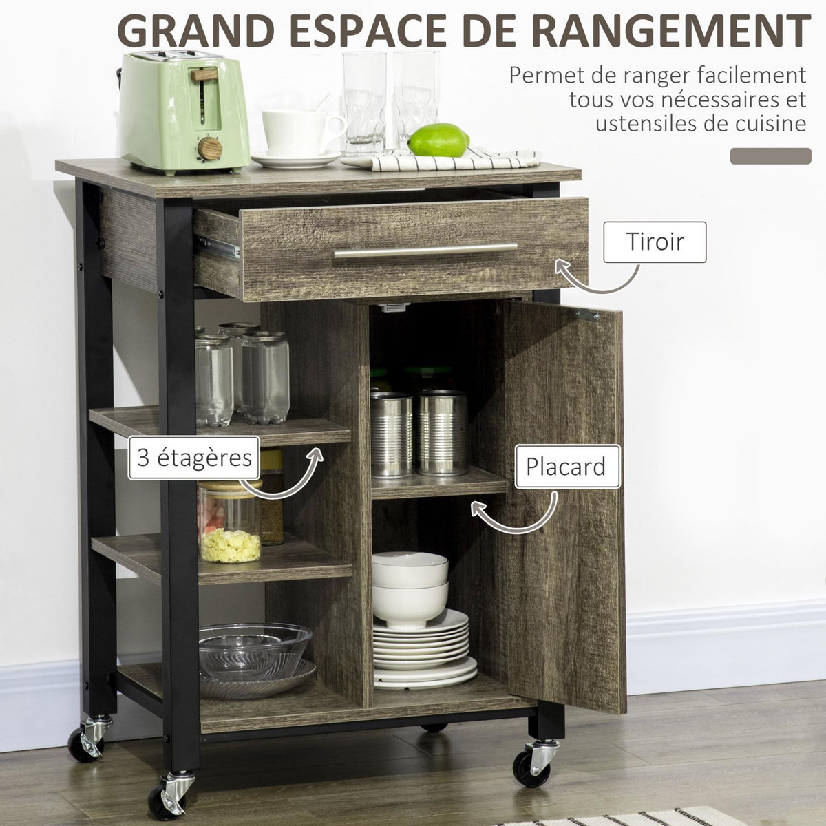 HOMCOM HOMCOM Chariot desserte de cuisine à roulettes avec tiroir - dim. 60 x 50 x 84,5 cm - noir et imitation bois