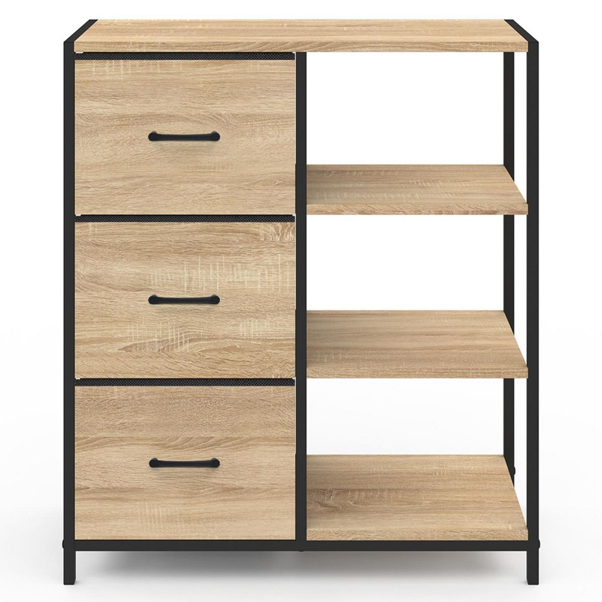 ID MARKET Buffet d'appoint 3 tiroirs et étagères 70 cm UTAH design industriel