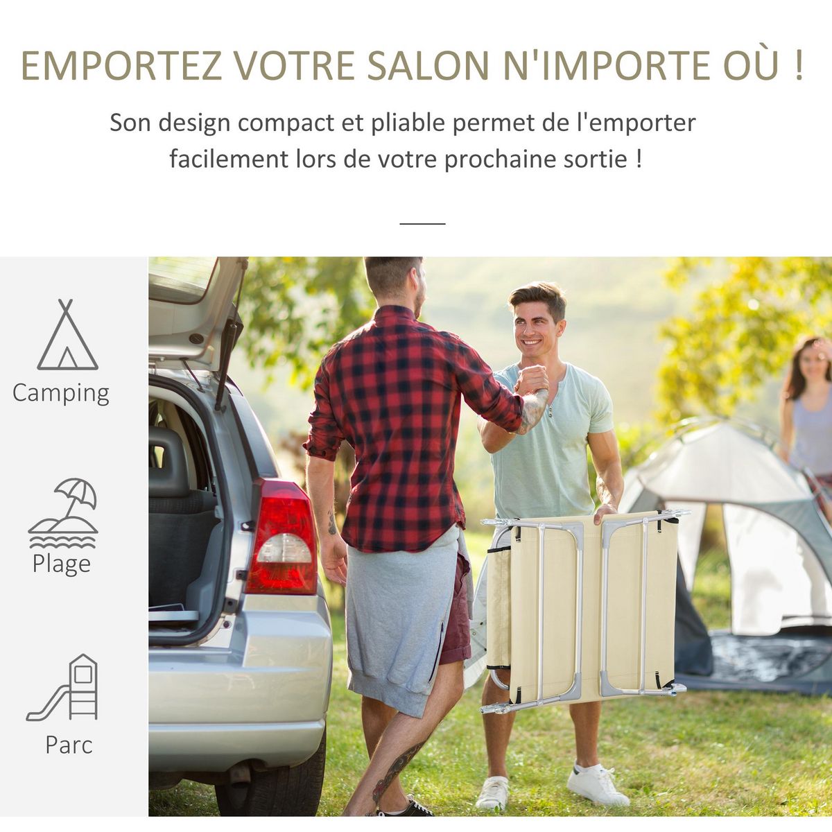 OUTSUNNY Bain de soleil pliable inclinable 4 positions - espace visage rembourré - acier oxford beige