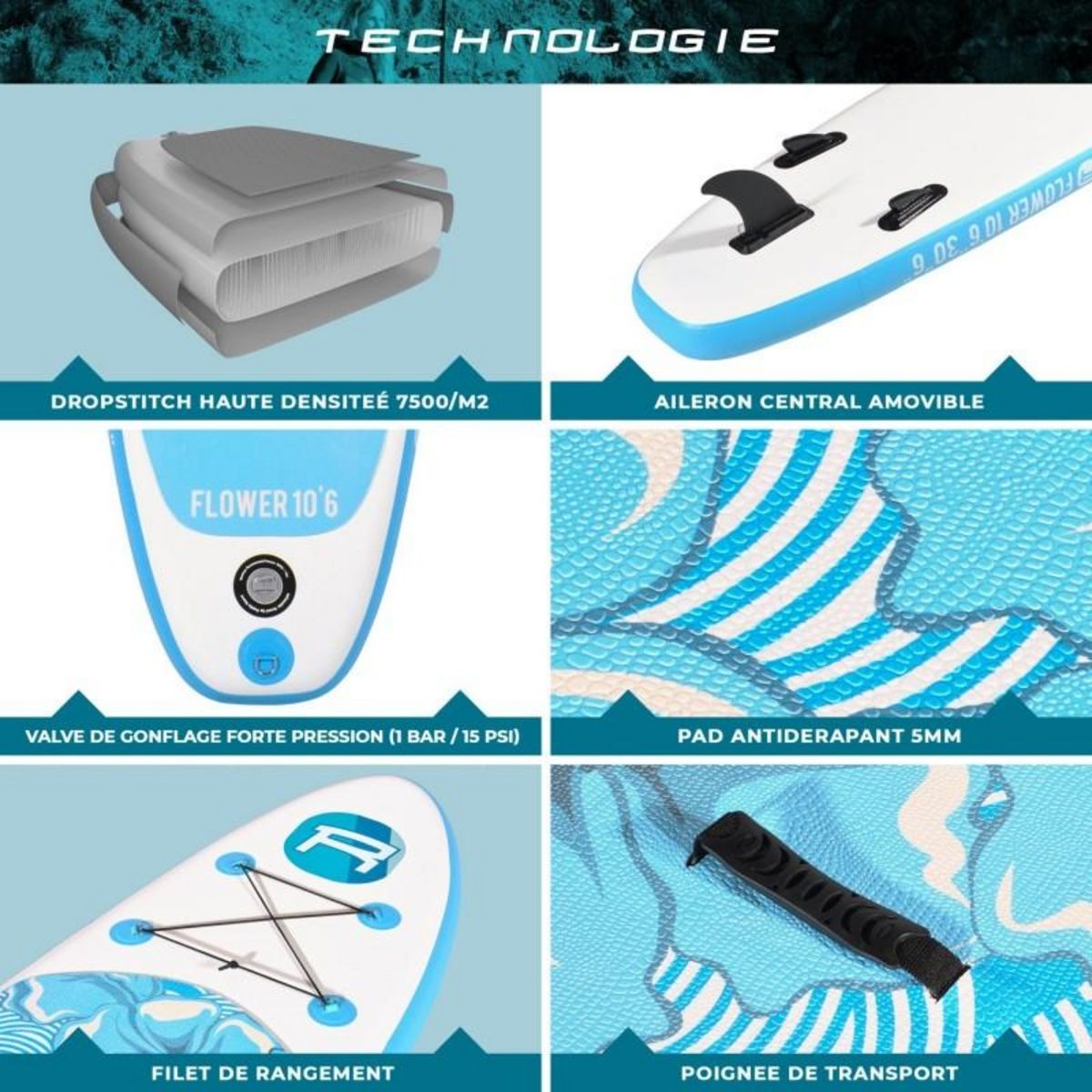 ROHE Stand Up Paddle Gonflable FLOWER ROHE - 10'6'' (320cm) 30'' (76cm) 6'' (15cm) avec Pompe, Pagaie, Leash et Sac de transport