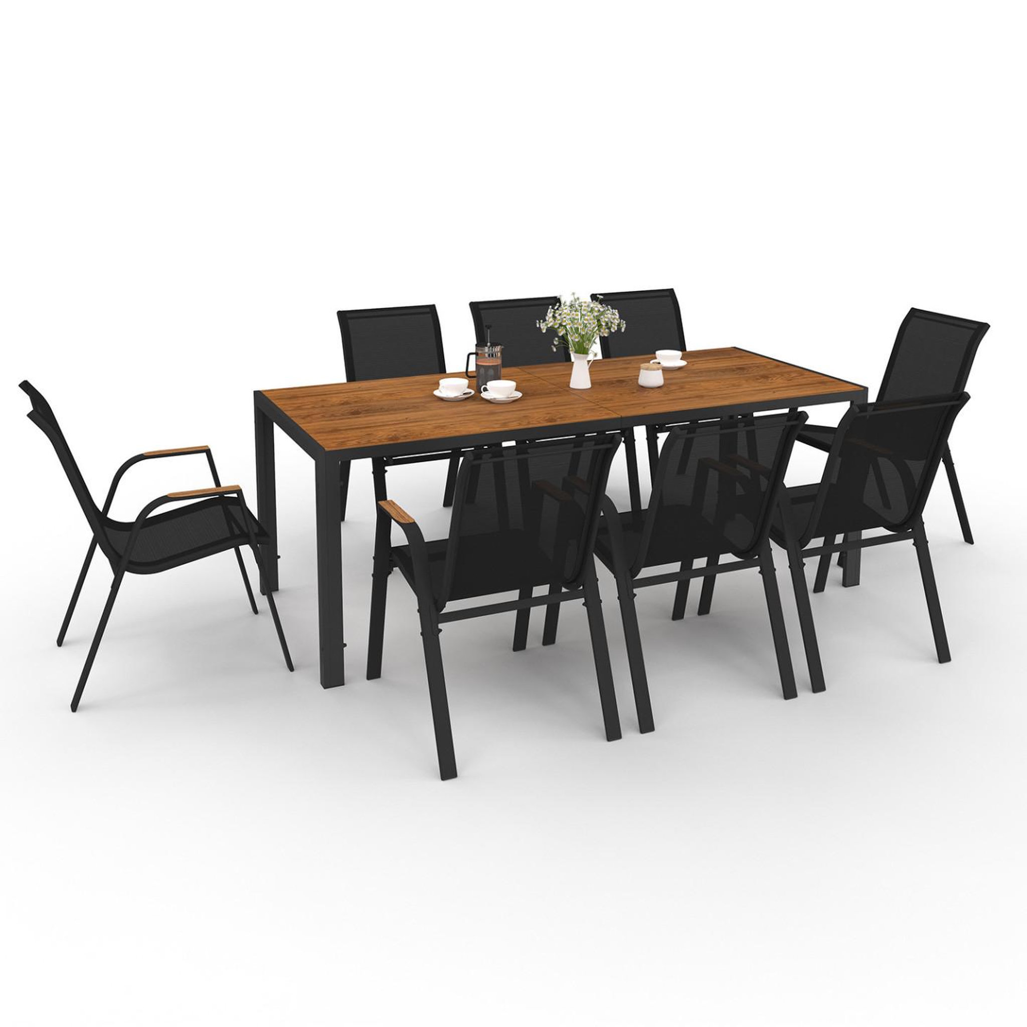 ID MARKET Salon de jardin noumea table 190 cm plateau verre trempé effet bois et 8 chaises empilables noir et bois