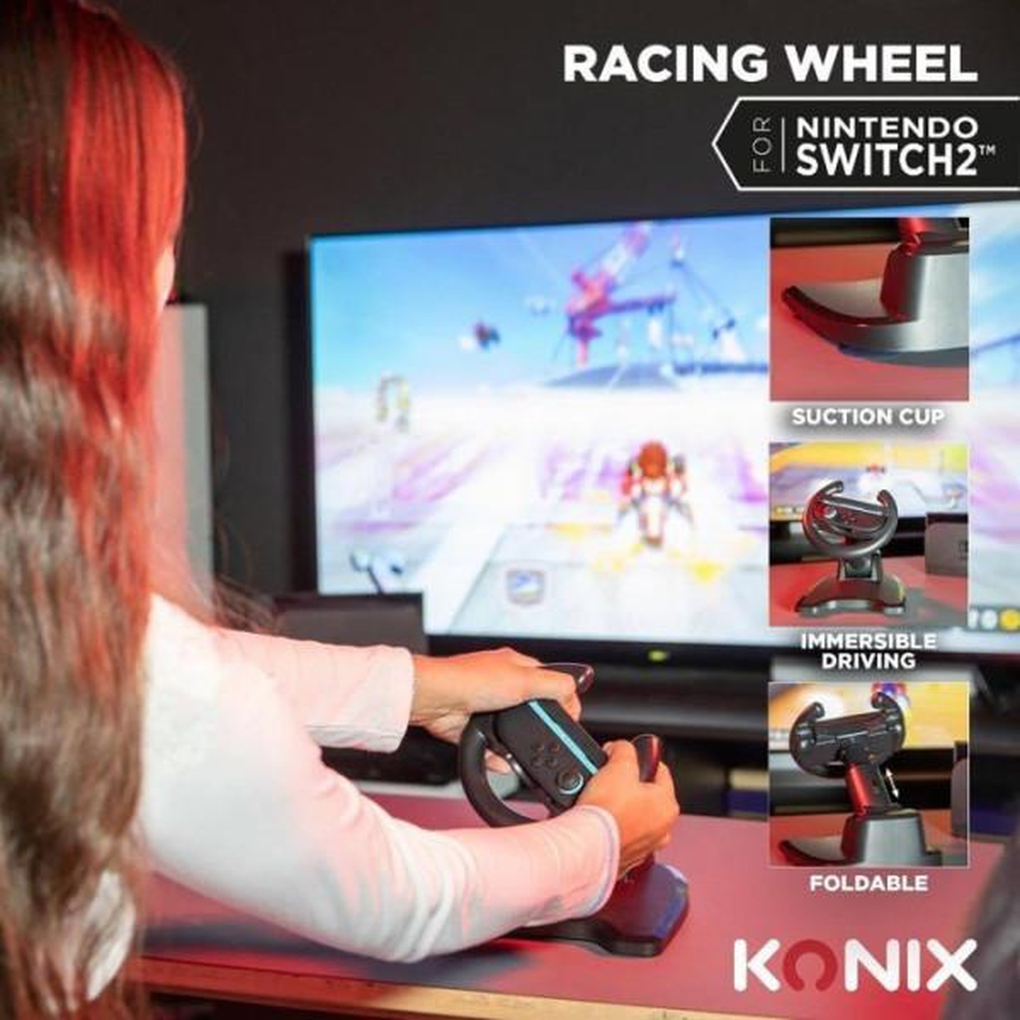 Voir la diapositive 5 : Konix Volant Racing Wheel - Manette Joy-Con Nintendo Switch 2 - Konix - Compatible Mario Kart World - Fixation ventouse - Noir