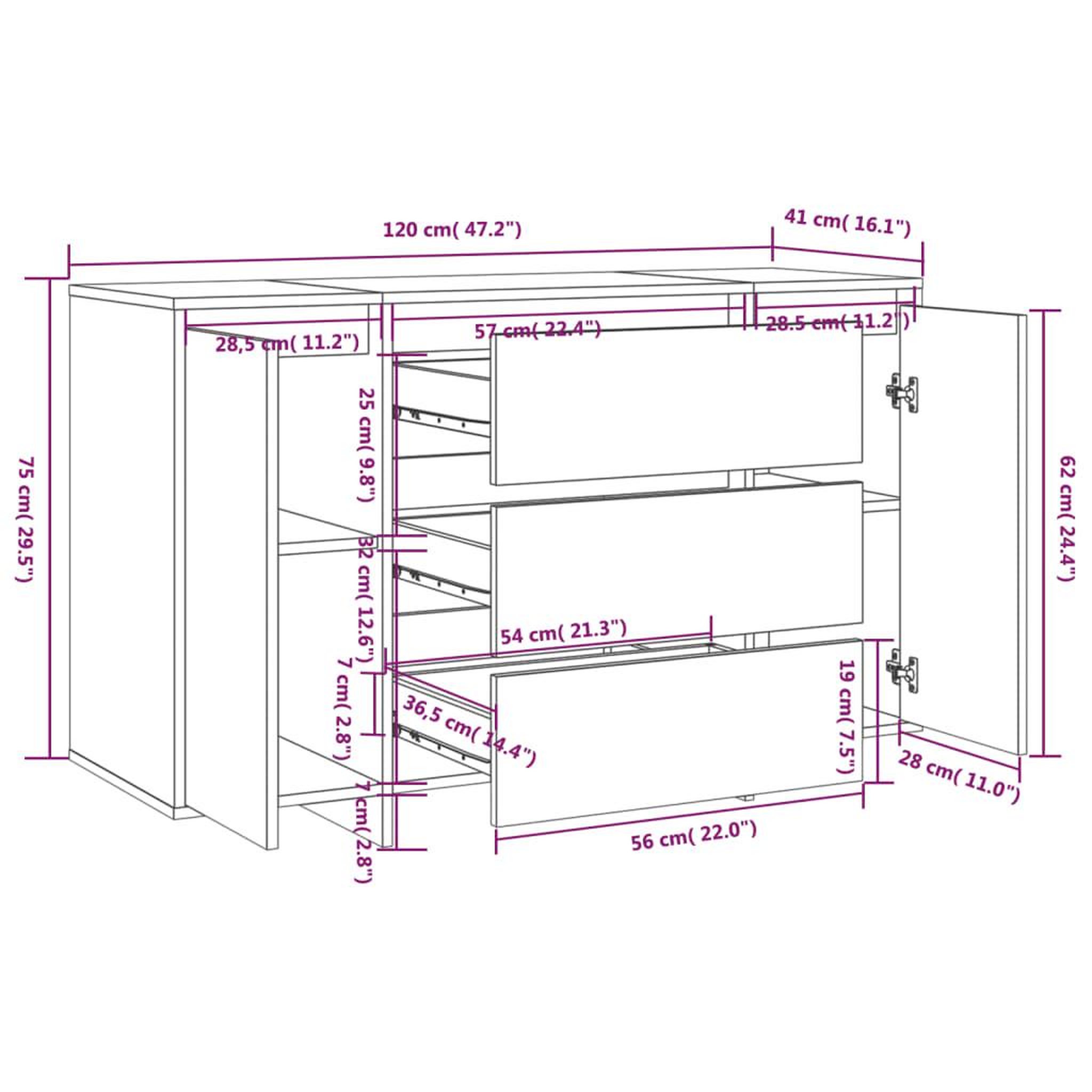 Voir la diapositive 6 : VIDAXL Buffet et 3 tiroirs Blanc brillant 120x41x75 cm Bois ingenierie