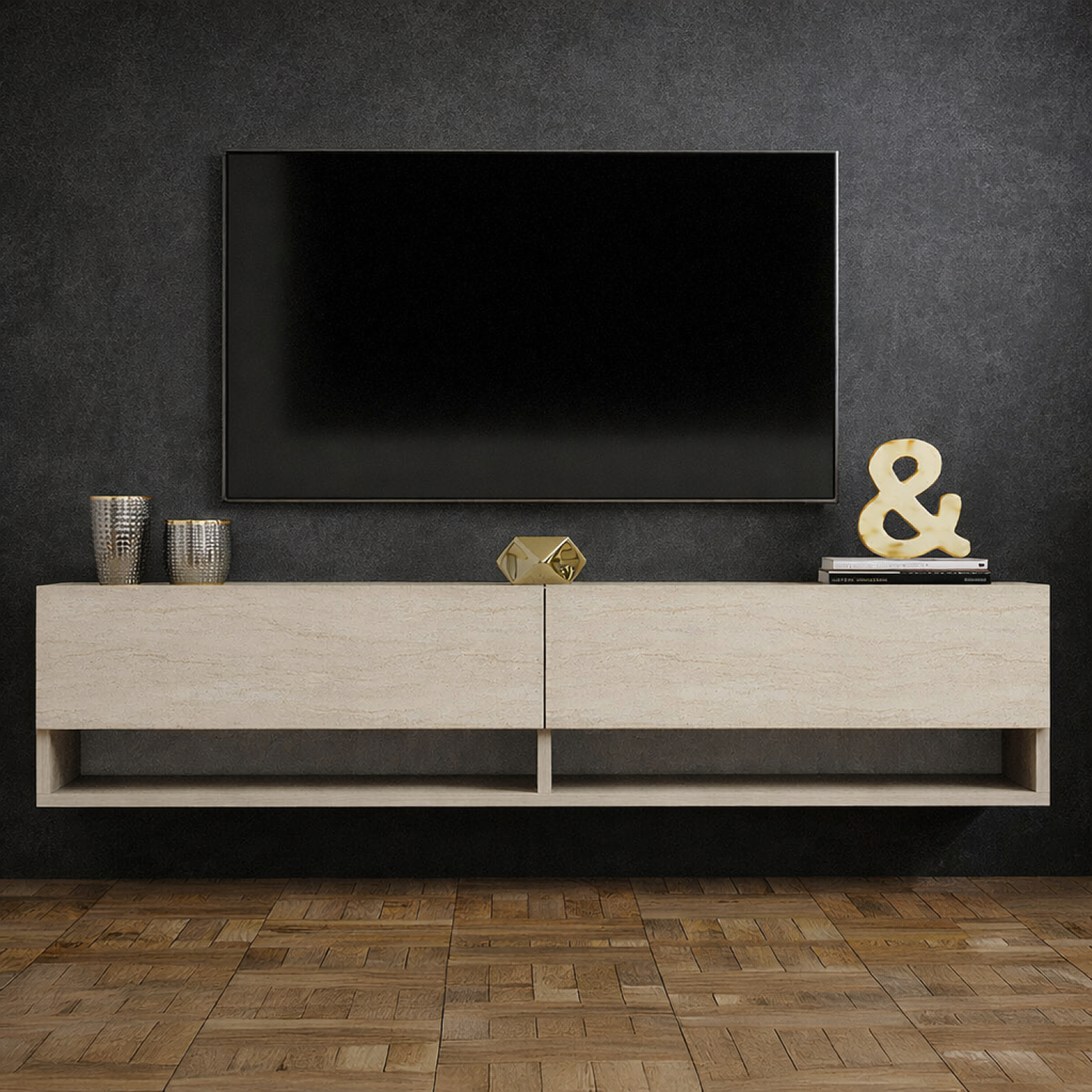 Voir la diapositive 2 : CONCEPT USINE Meuble tv suspendu avec placards et étagères aspect travertin 140cm sarty