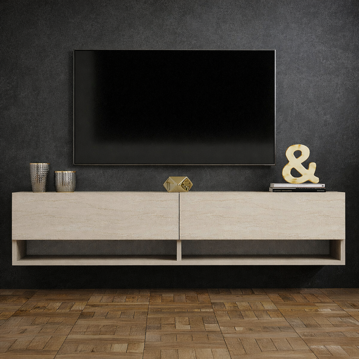 CONCEPT USINE Meuble TV suspendu avec placards et étagères aspect travertin 140cm SARTY