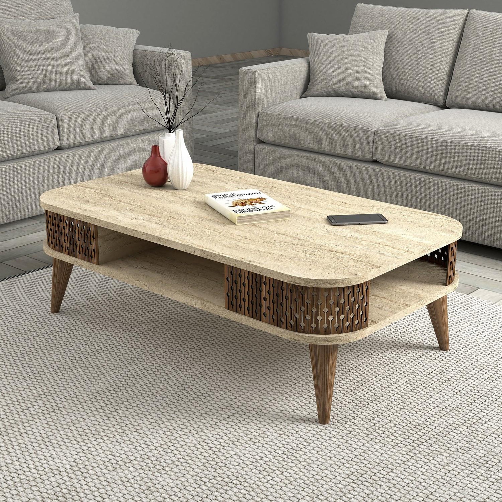 Voir la diapositive 2 : Habitat et Jardin Table basse en bois  eylul  - 105 x 60 x 35 cm - travertin