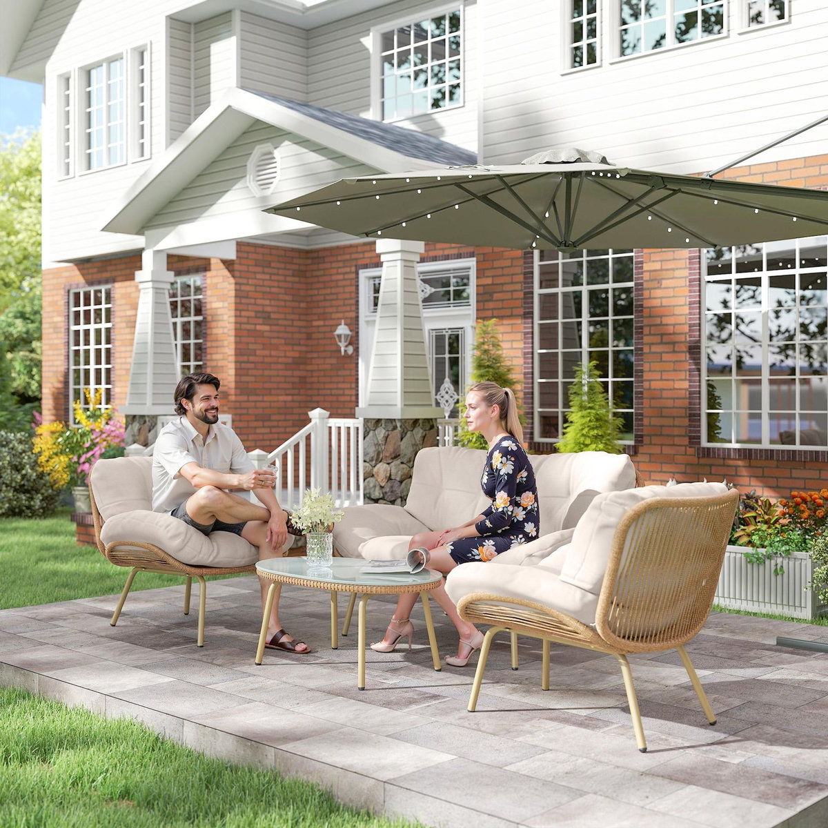 OUTSUNNY Salon de jardin design 4 places grand confort épais coussins