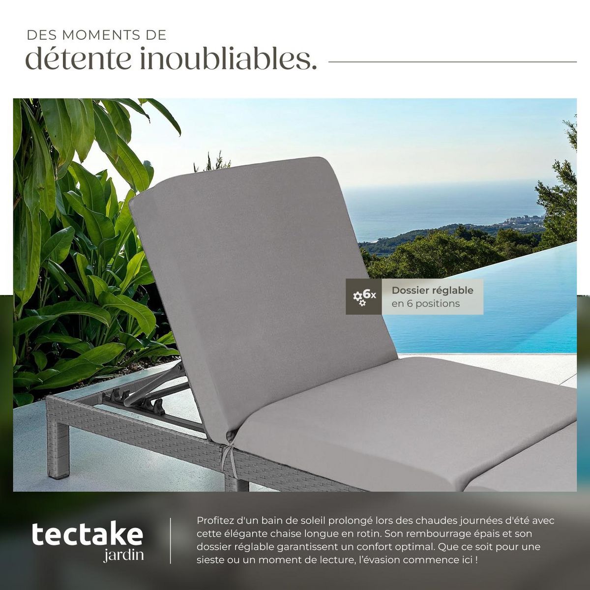 tectake Bain de soleil en rotin robuste gris