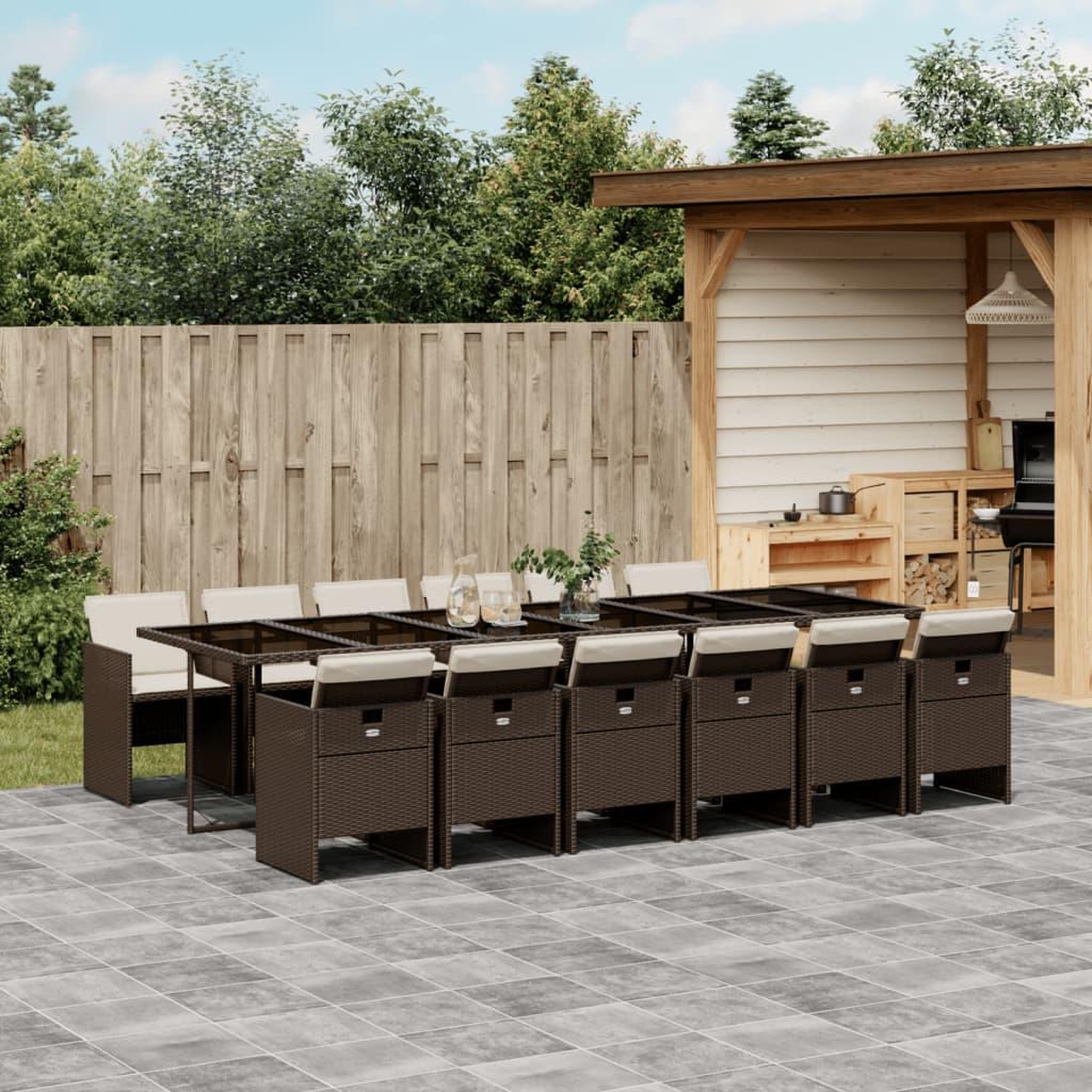 VIDAXL Ensemble a manger de jardin avec coussins 13 pcs marron rotin