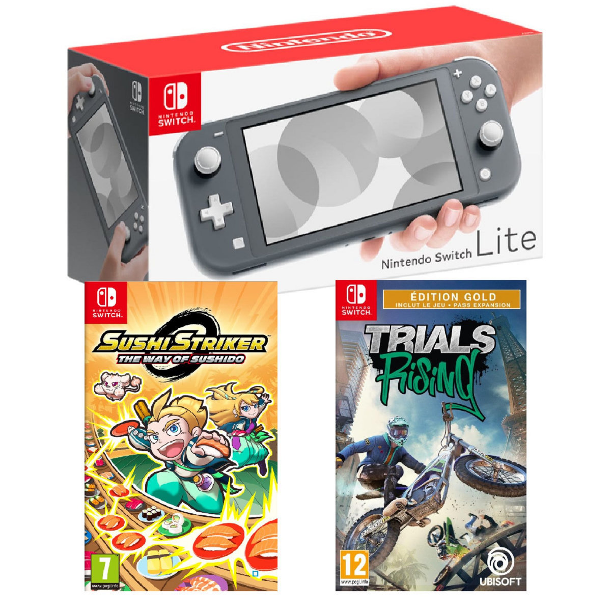 NINTENDO Console Nintendo Switch Lite Grise + Sushi Striker : The Way of Sushido + Trials Rising Edition Gold