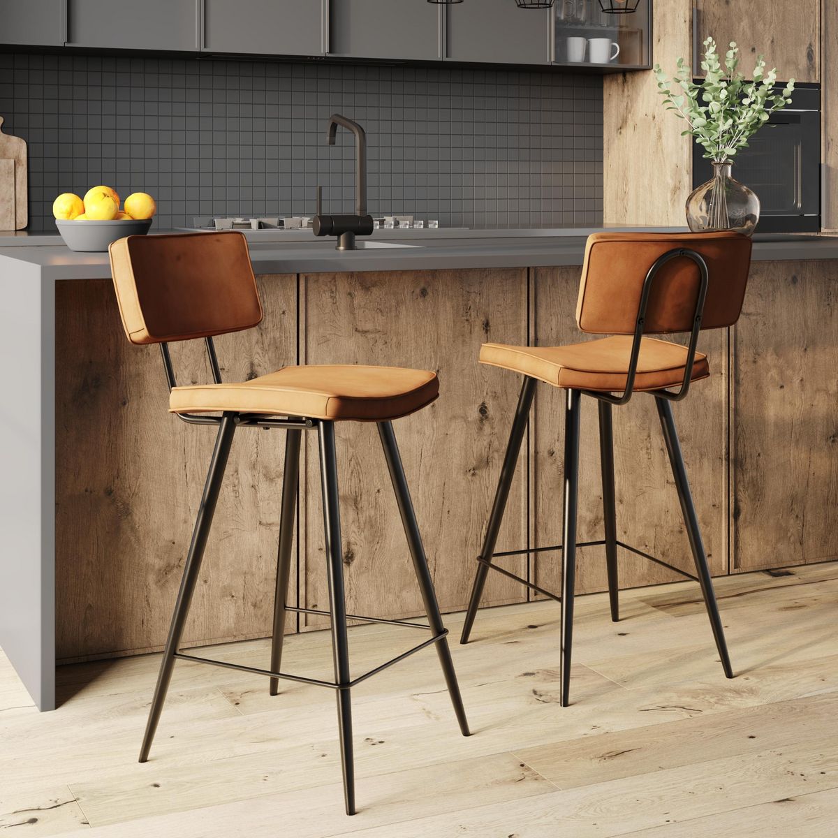 Rendez vous déco Lot de 2 chaises de bar mi-hauteur 66 cm cuir synthétique gris / noir - Texas