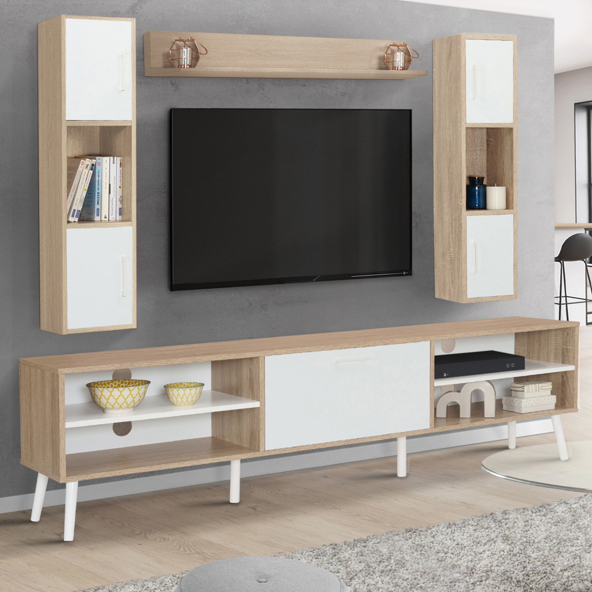 Voir la diapositive 2 : ID MARKET Ensemble meuble tv 180 cm et étagères houston bois et blanc