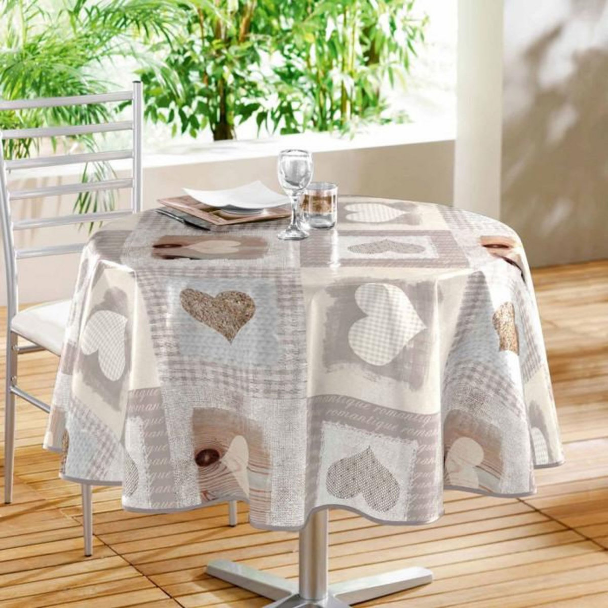 Paris Prix Nappe Ronde Toile Cirée  Cosy Coeur  160cm Gris