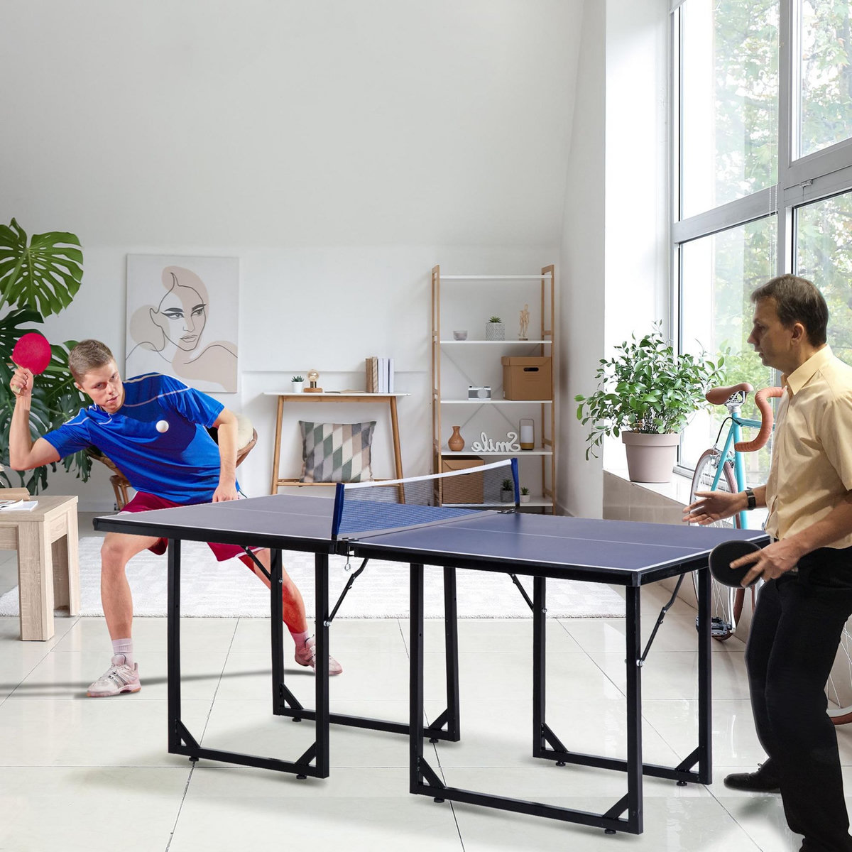 HOMCOM Table de ping-pong tennis de table pliable compacte pieds de nivellement antidérapants acier noir MDF bleu