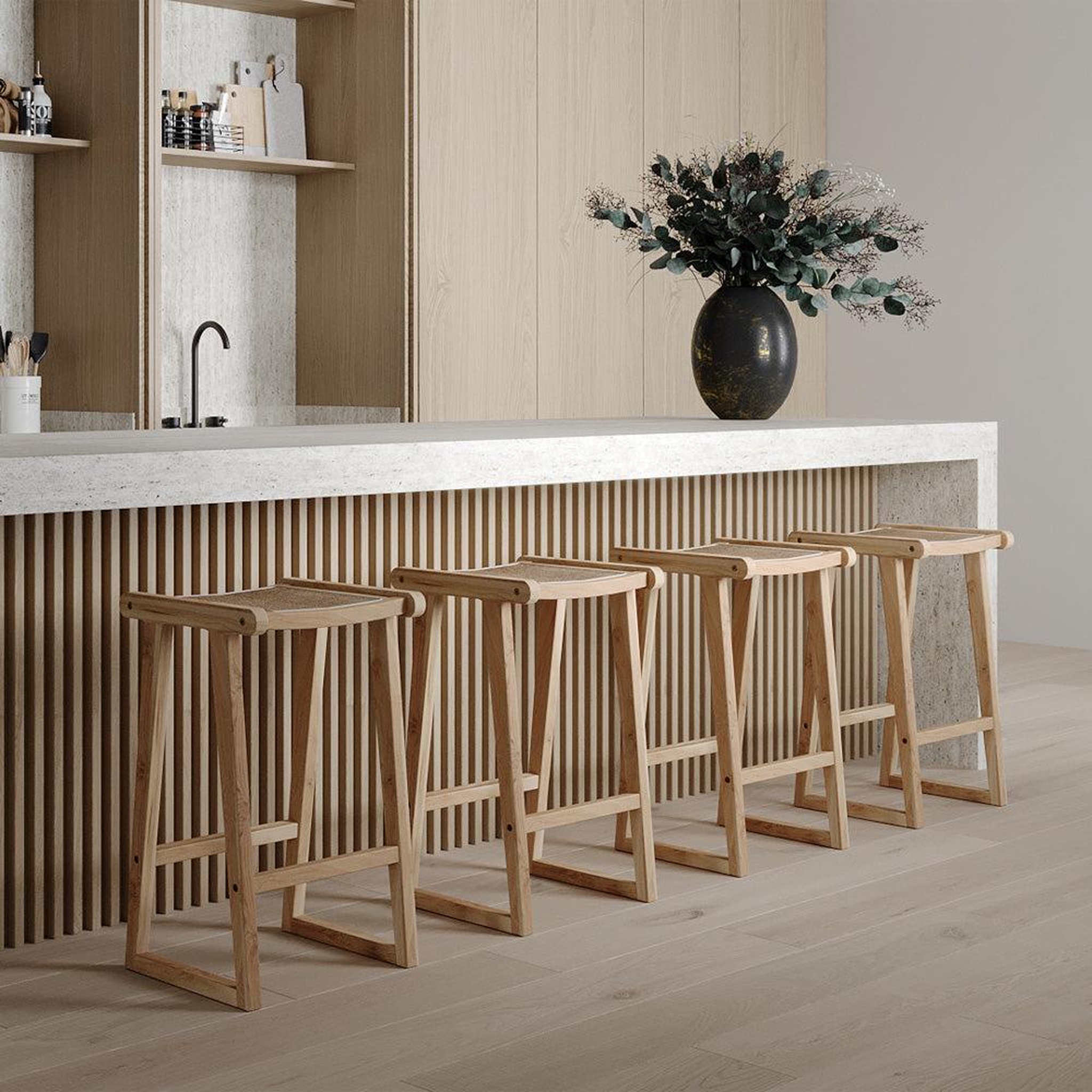 Voir la diapositive 6 : MAISON PAVANE Tabouret pour îlot central 66 cm en teck et rotin naturel-haida