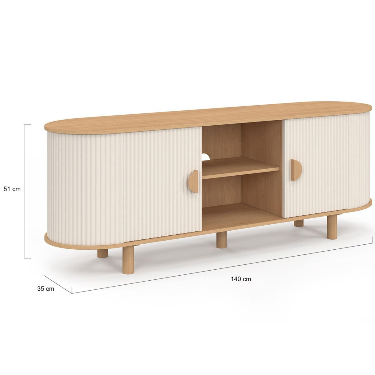 ID MARKET Meuble TV 140 cm KANEL 2 portes effet cannelé beige et bois