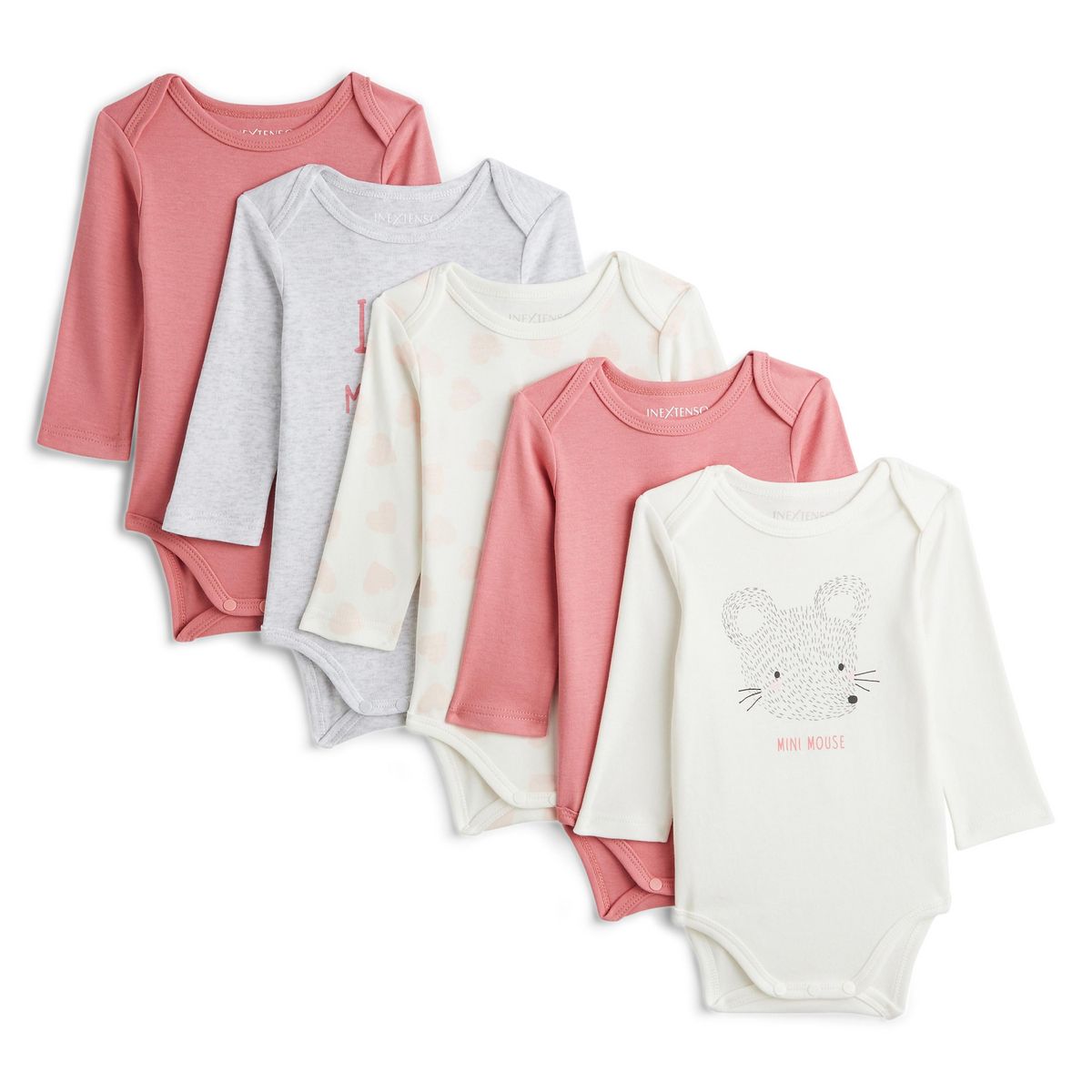 IN EXTENSO Lot de 5 bodies manches longues souris bébé fille