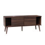 Voir la diapositive 4 : SWEEEK Meuble TV scandinave avec 2 portes décor bois noyer rainuré et 1 niche centrale avec étagère L120cm