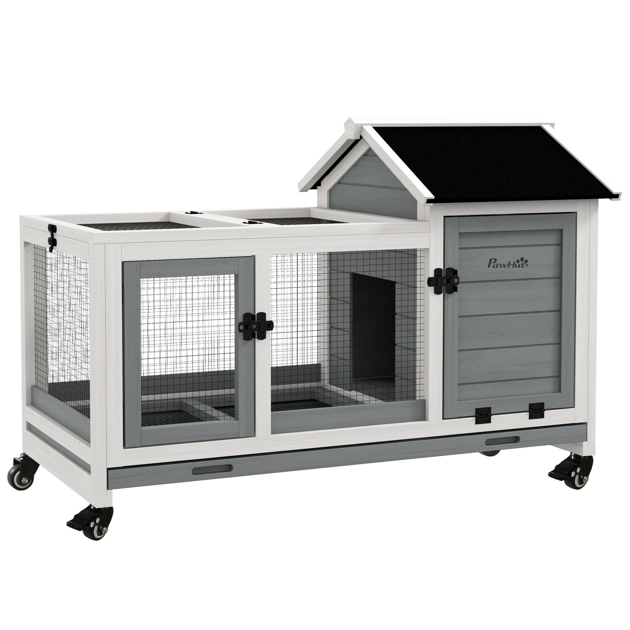 PAWHUT Clapier à lapin sur roulettes cage à lapin porte, rampe trappe verrouillables toit ouvrant niche bois sapin acier gris blanc