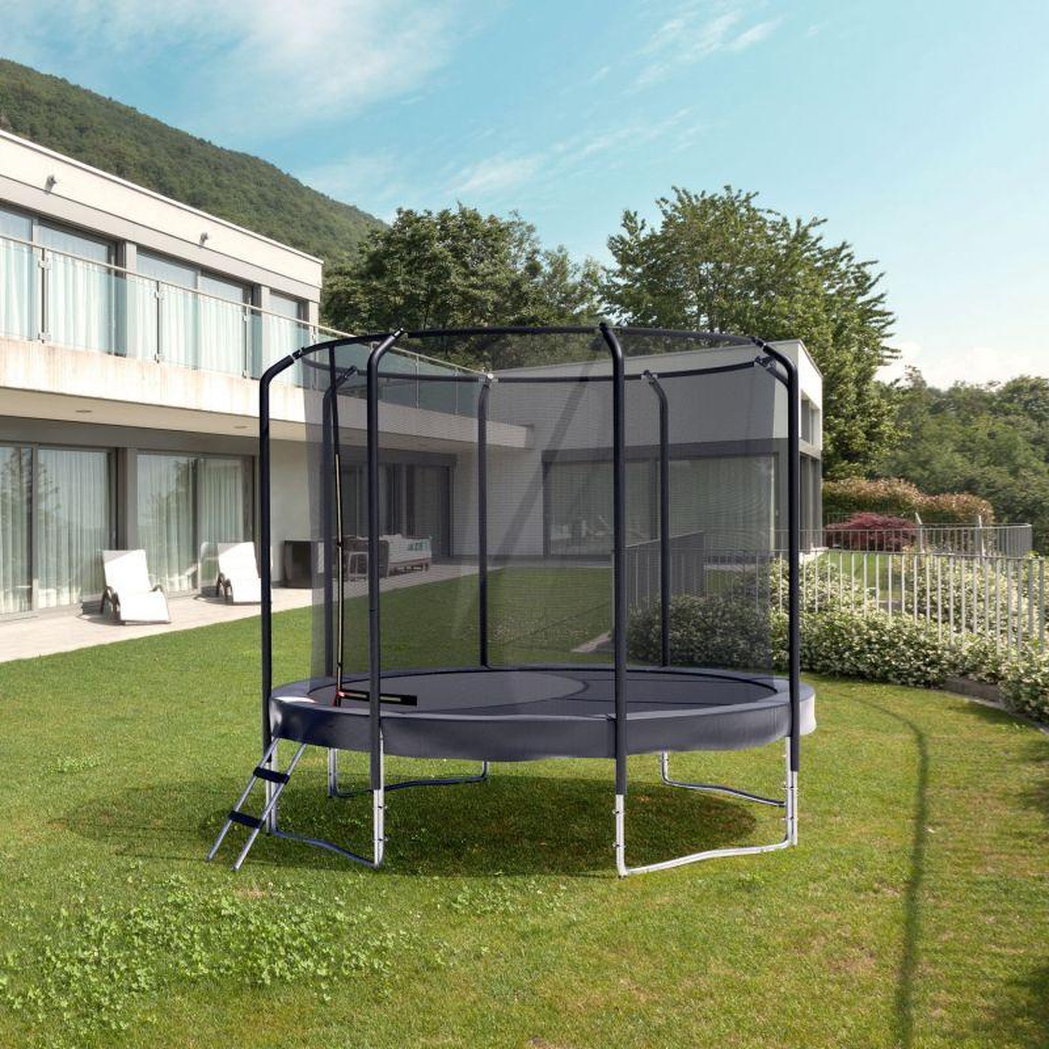 Voir la diapositive 2 : JUMP4FUN Trampoline Semi-Pro 10FT / 305cm Noir avec Filet de sécurité, Tapis de saut, Coussin de protection, Echelle