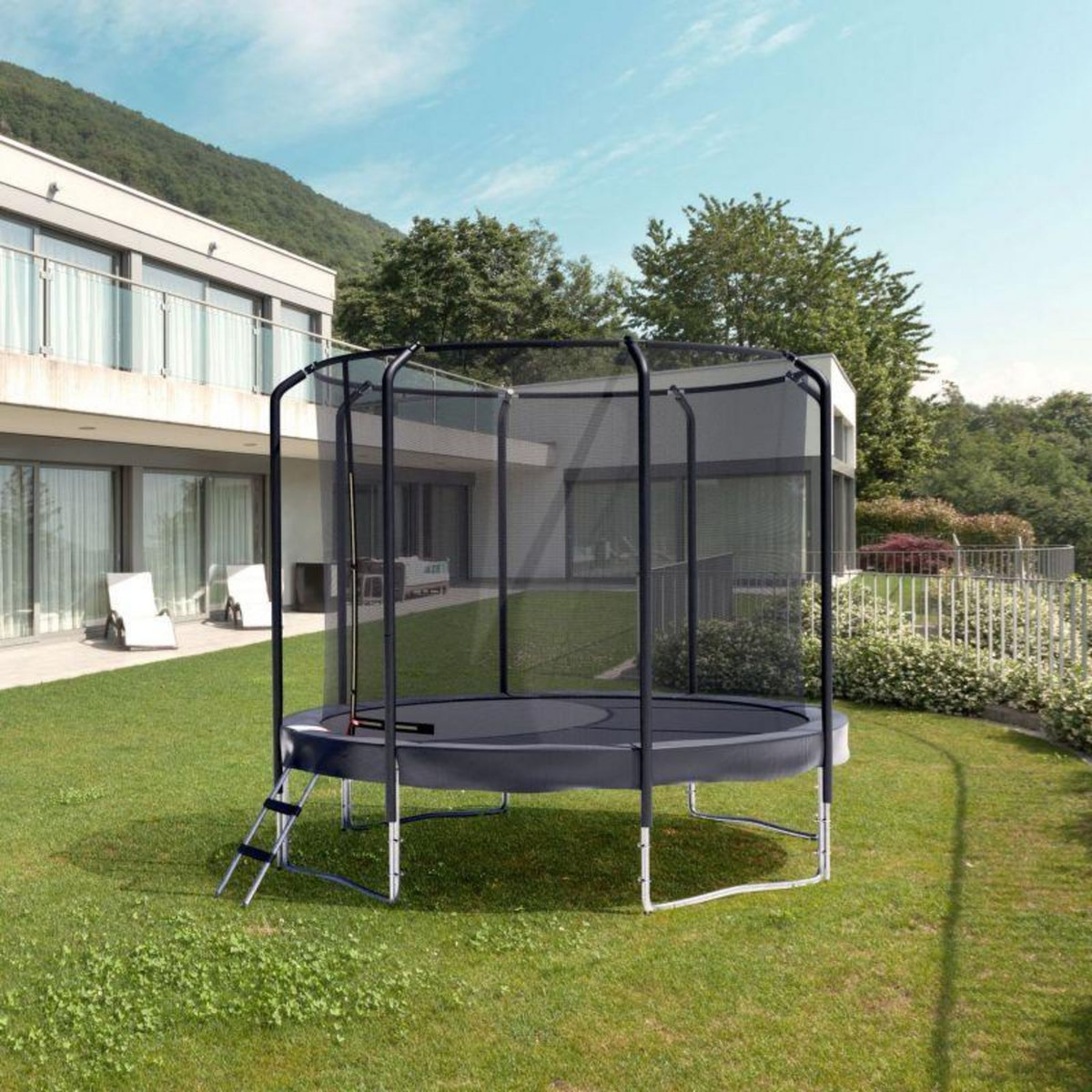 JUMP4FUN Trampoline Semi-Pro 10FT / 305cm Noir avec Filet de sécurité, Tapis de saut, Coussin de protection, Echelle